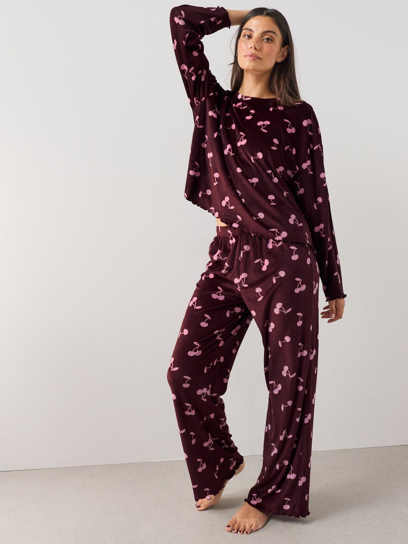 Image 1 of 7 of The Very Collection Soft Touch Cherry Print Rib Pyjama Set - Burgundy