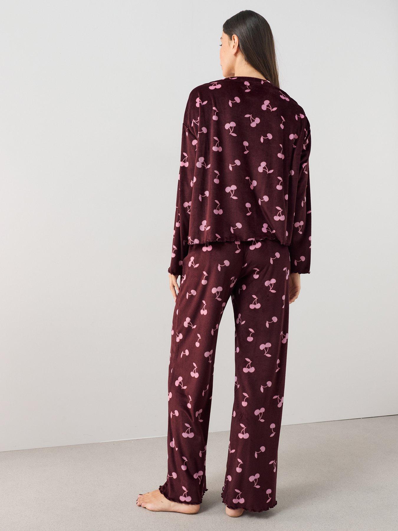 Image 2 of 7 of The Very Collection Soft Touch Cherry Print Rib Pyjama Set - Burgundy