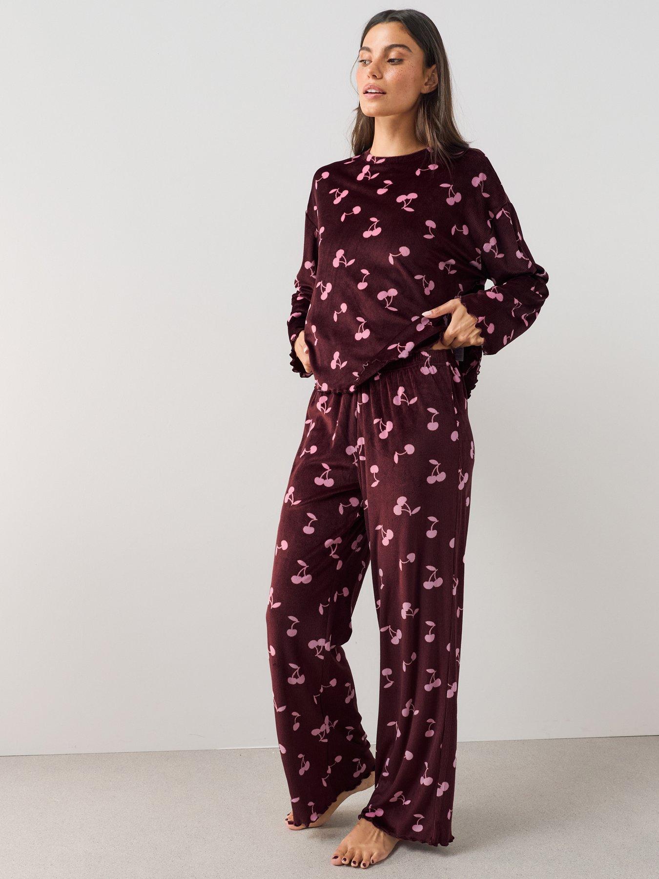 Image 6 of 7 of The Very Collection Soft Touch Cherry Print Rib Pyjama Set - Burgundy