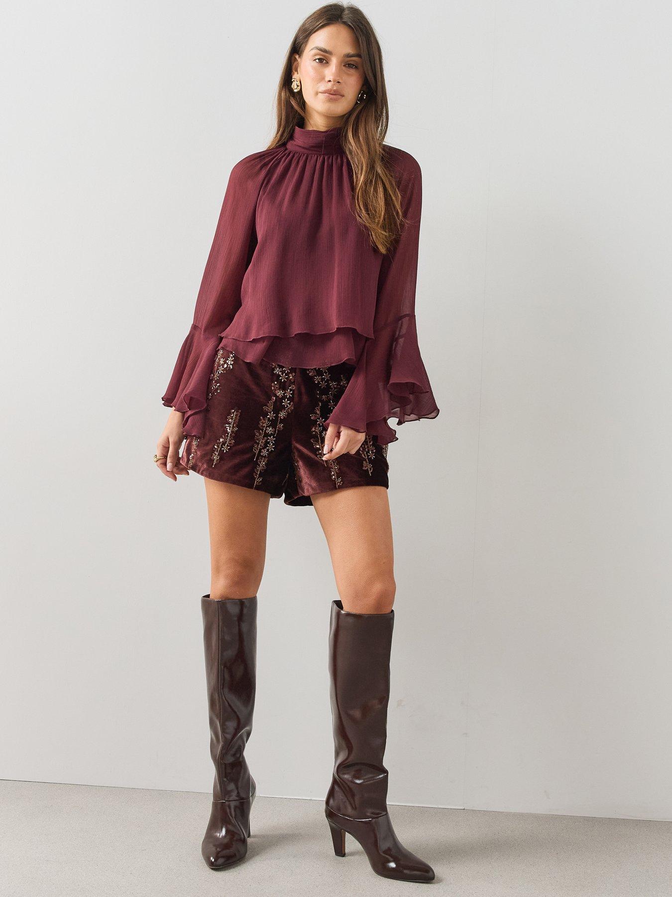 Image 1 of 6 of The Very Collection Textured High Neck Fluted Sleeve Cropped Blouse - Burgundy