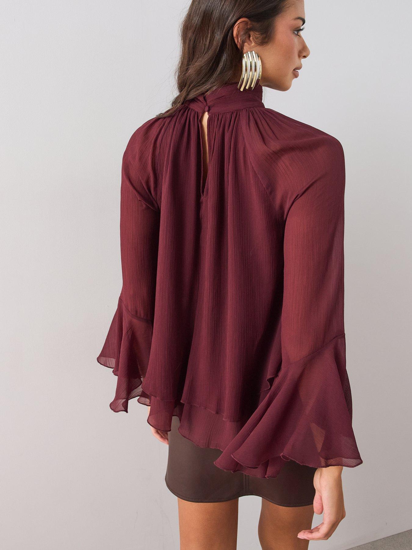 Image 2 of 6 of The Very Collection Textured High Neck Fluted Sleeve Cropped Blouse - Burgundy