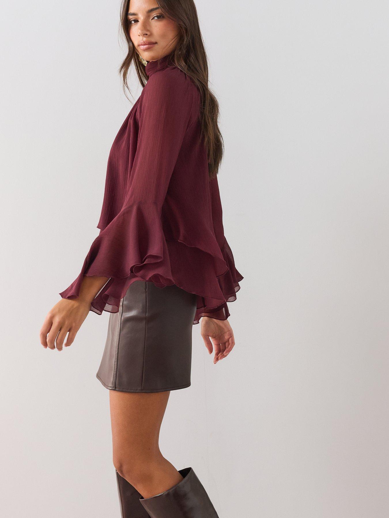 Image 4 of 6 of The Very Collection Textured High Neck Fluted Sleeve Cropped Blouse - Burgundy