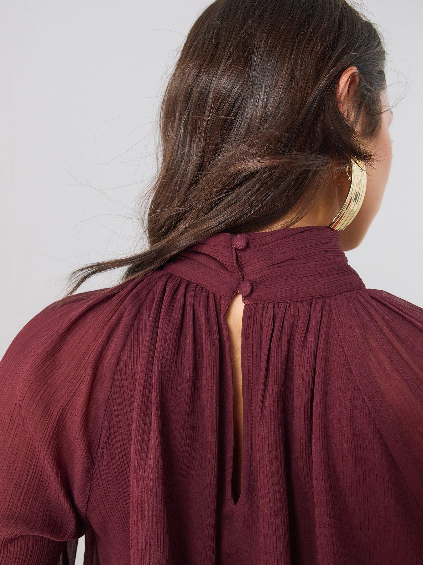 Image 5 of 6 of The Very Collection Textured High Neck Fluted Sleeve Cropped Blouse - Burgundy