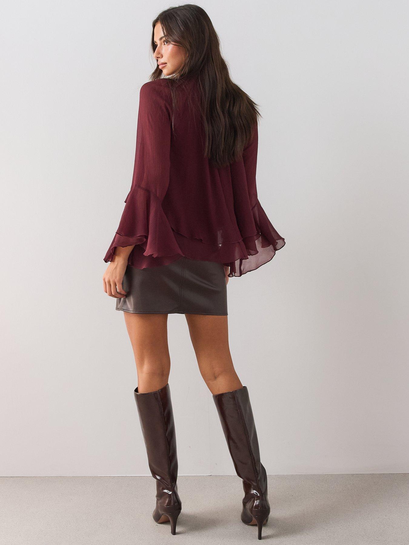 Image 6 of 6 of The Very Collection Textured High Neck Fluted Sleeve Cropped Blouse - Burgundy