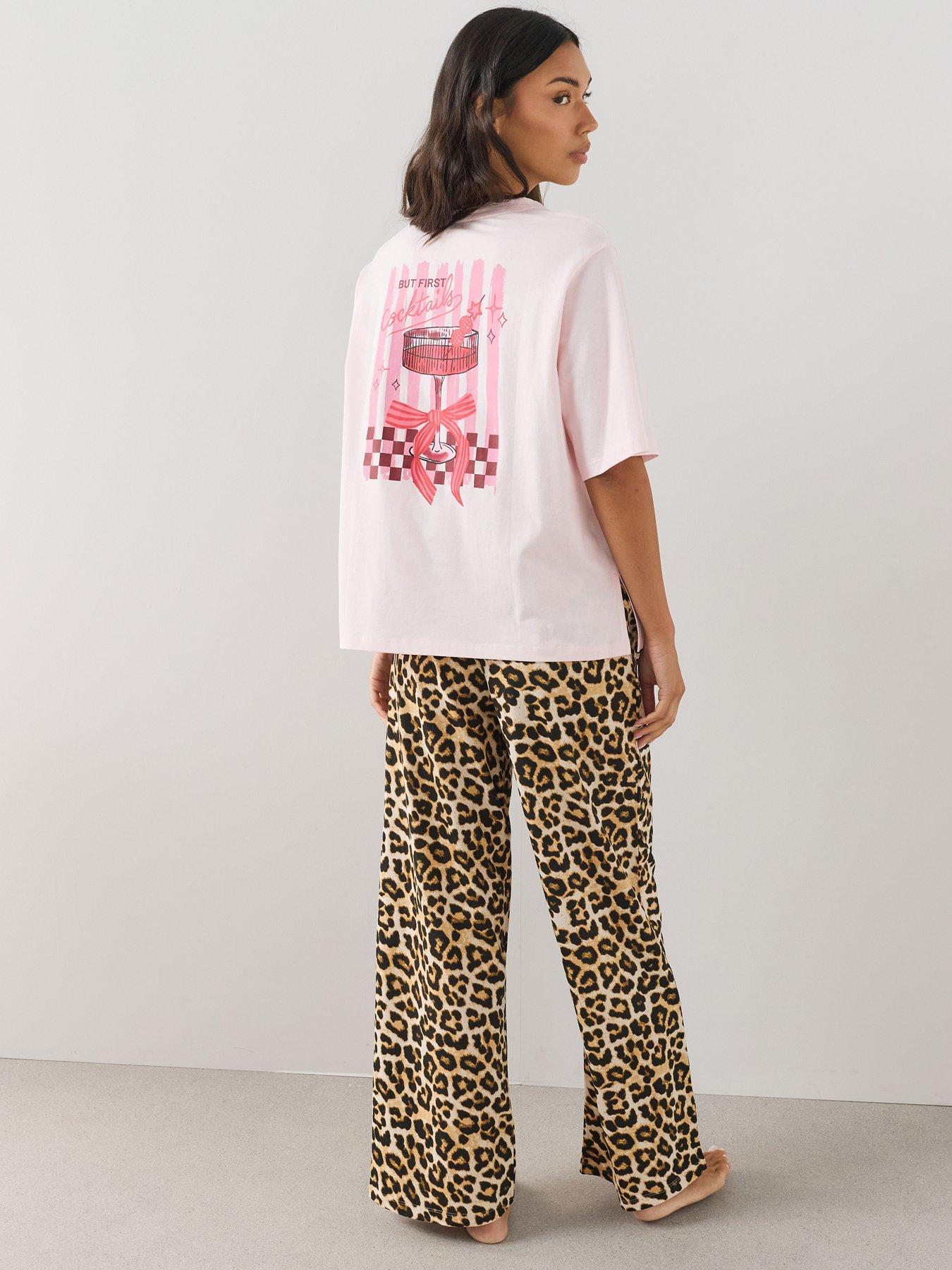 Image 1 of 7 of The Very Collection Cotton Rich Oversized Graphic Pyjama Set - Pink/Leopard