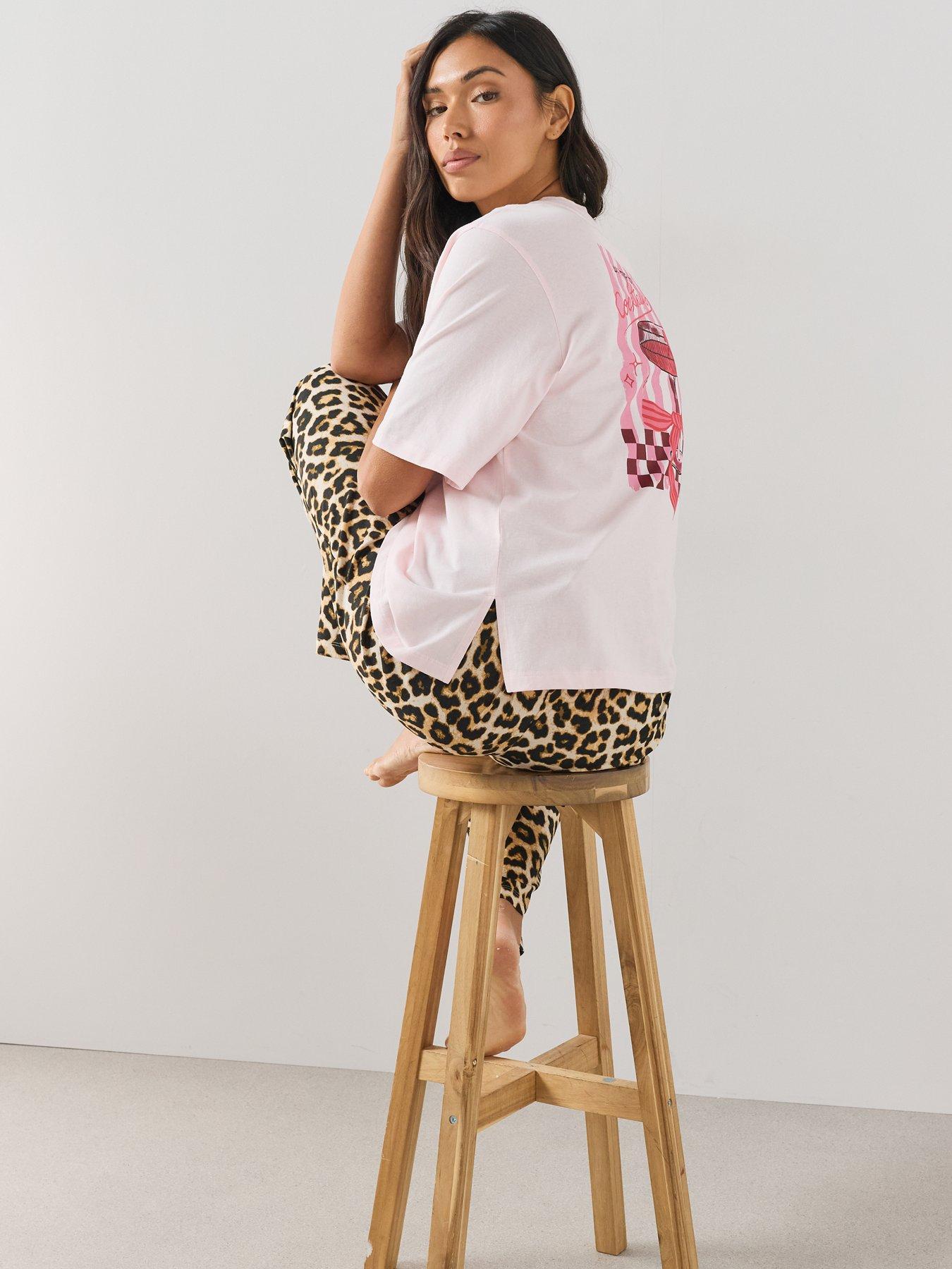 Image 5 of 7 of The Very Collection Cotton Rich Oversized Graphic Pyjama Set - Pink/Leopard