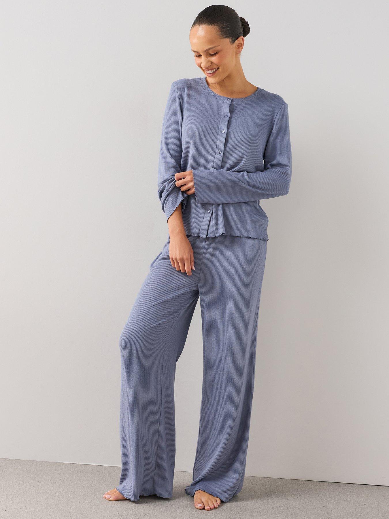 Image 1 of 7 of The Very Collection Frill Ribbed Button Through Top And Wide Leg Pyjama Set