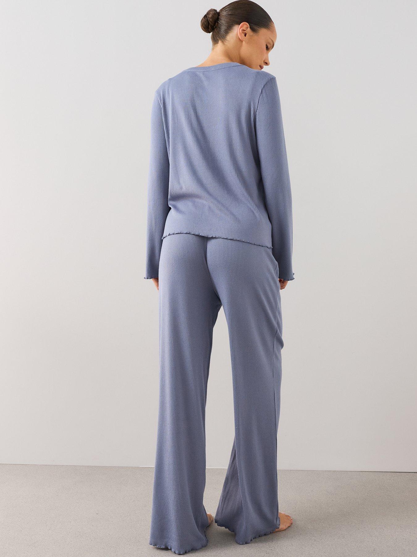 Image 2 of 7 of The Very Collection Frill Ribbed Button Through Top And Wide Leg Pyjama Set