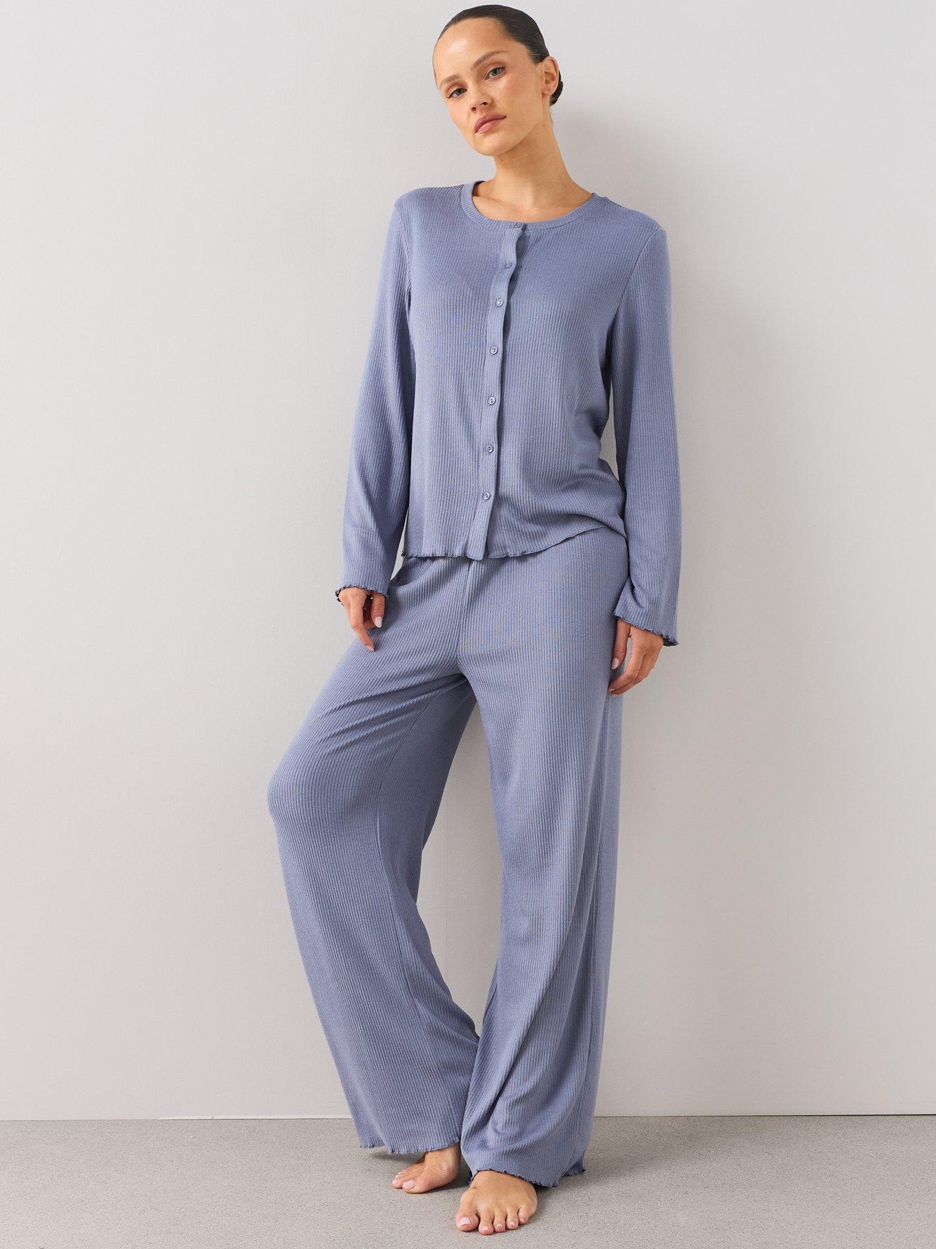 Image 3 of 7 of The Very Collection Frill Ribbed Button Through Top And Wide Leg Pyjama Set