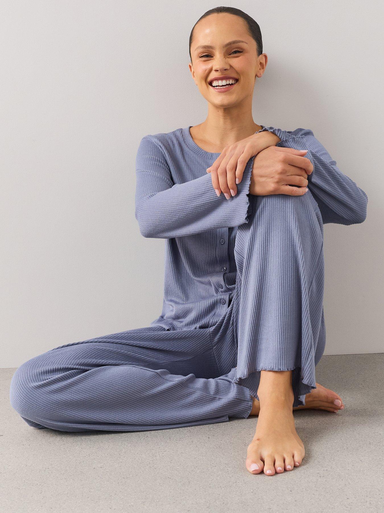 Image 4 of 7 of The Very Collection Frill Ribbed Button Through Top And Wide Leg Pyjama Set