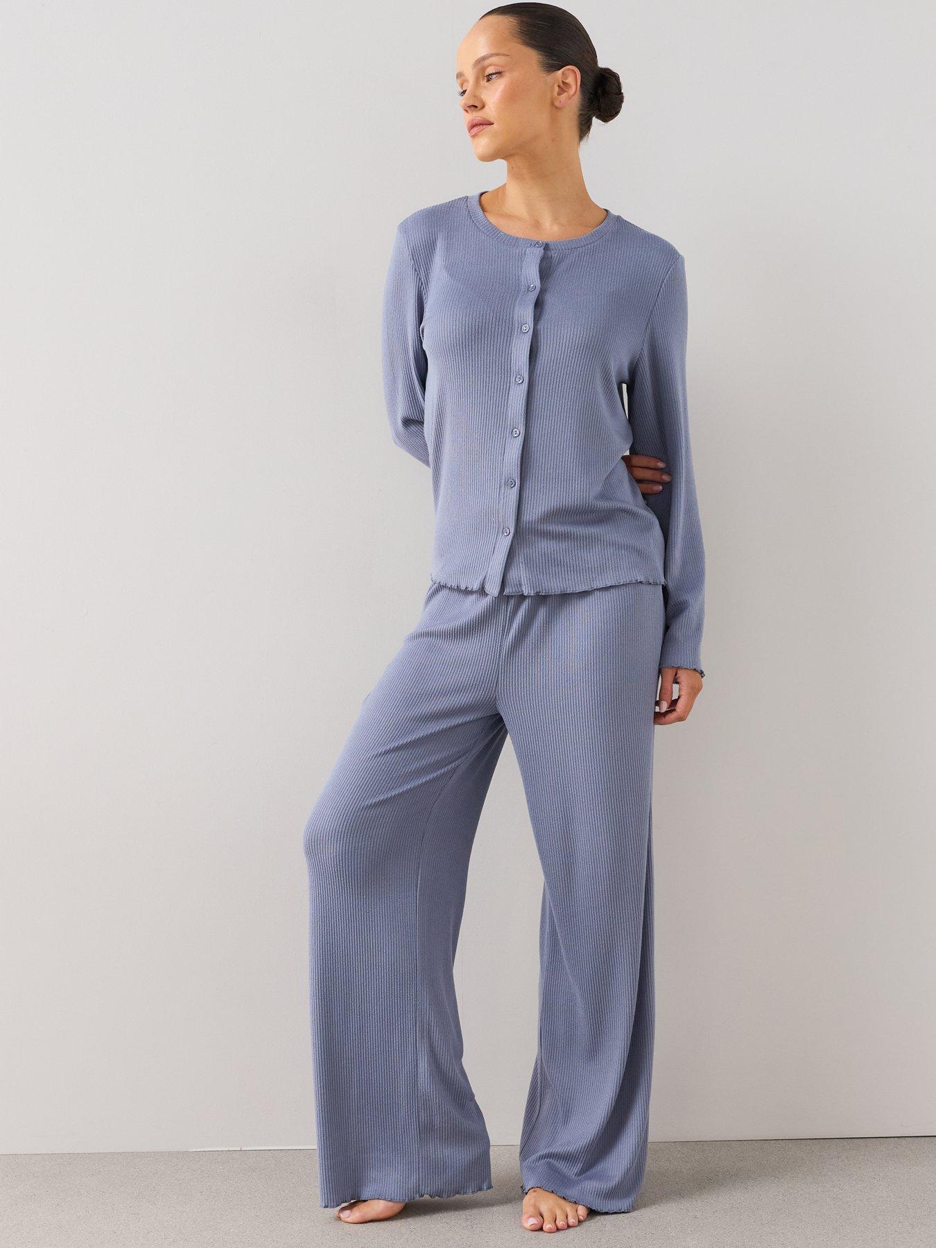 Image 5 of 7 of The Very Collection Frill Ribbed Button Through Top And Wide Leg Pyjama Set