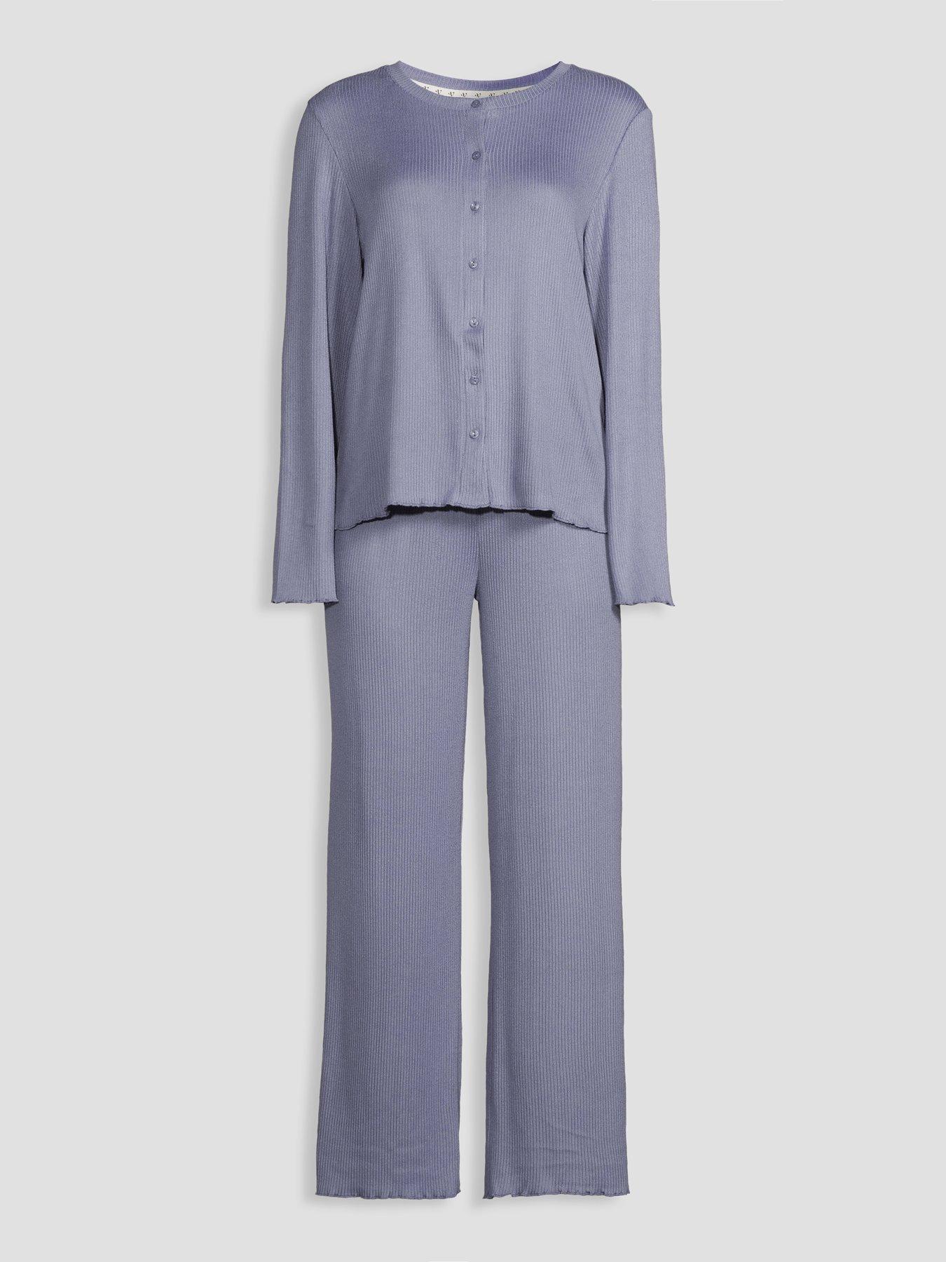Image 7 of 7 of The Very Collection Frill Ribbed Button Through Top And Wide Leg Pyjama Set