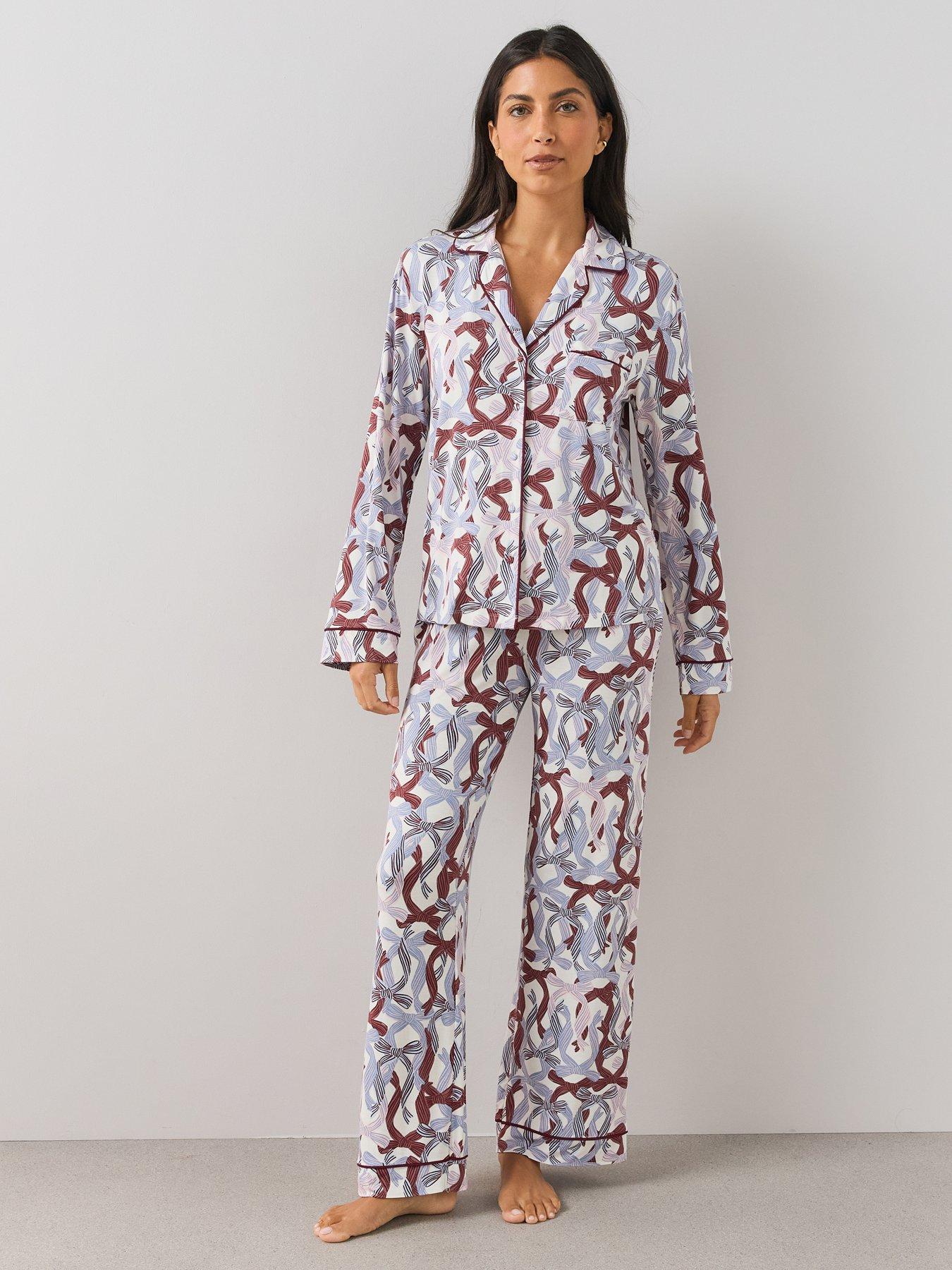 Image 1 of 6 of The Very Collection Jersey Revere Bow Print Pyjama Set - Multi