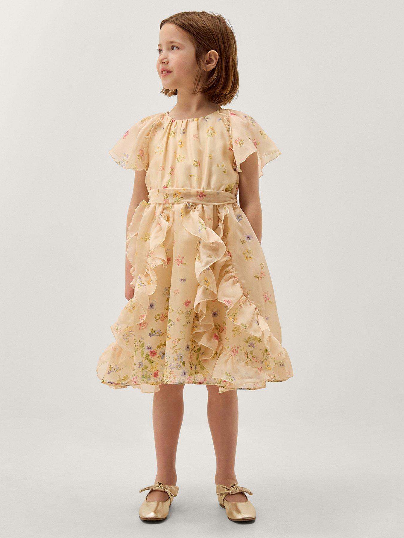 Monsoon Girls Ditsy Ruffle Dress, Light Yellow, Size 7 Years