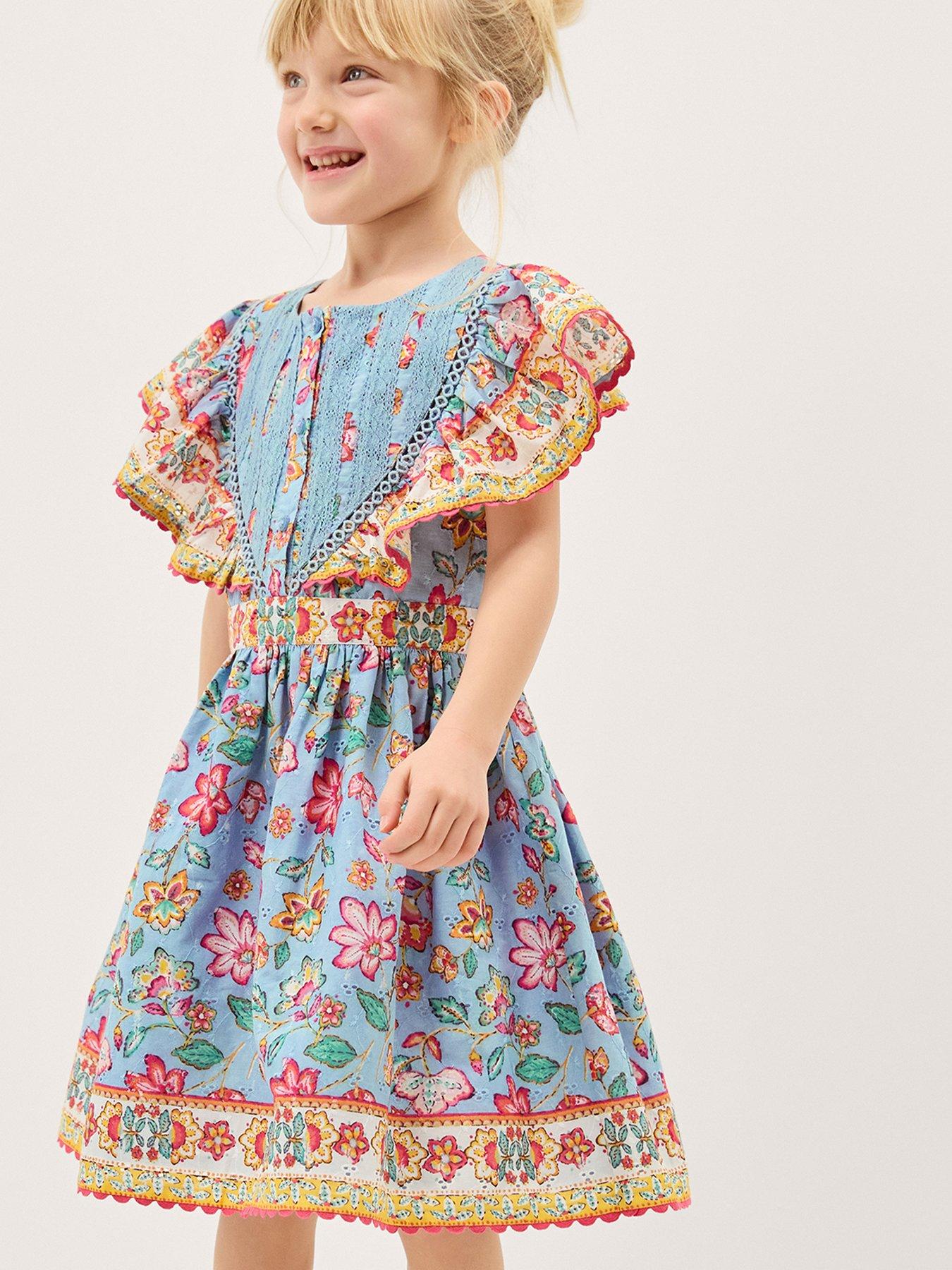 Monsoon Girls Adara Blue Broiderie Dress, Blue, Size 9-10 Years
