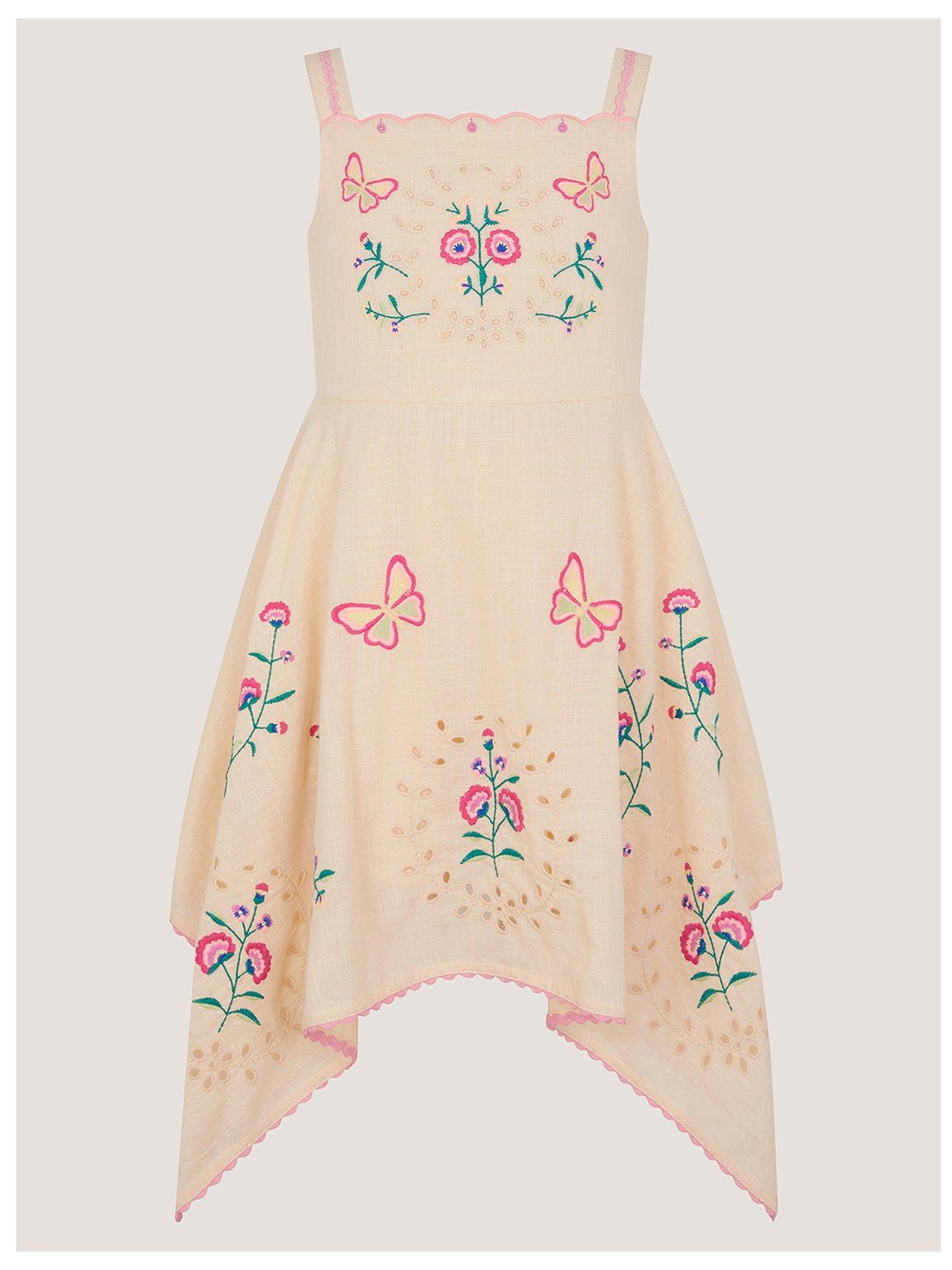 Monsoon Girls Butterfly Embroidered Hanky Hem Dress - Light Cream