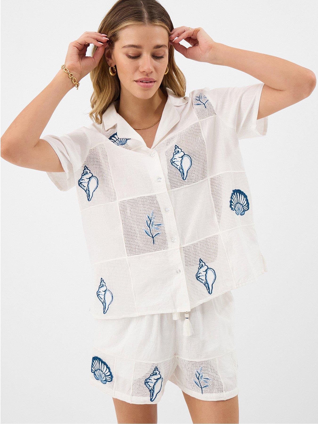 Accessorize Shell Embroidered Patchwork Shirt - Cream