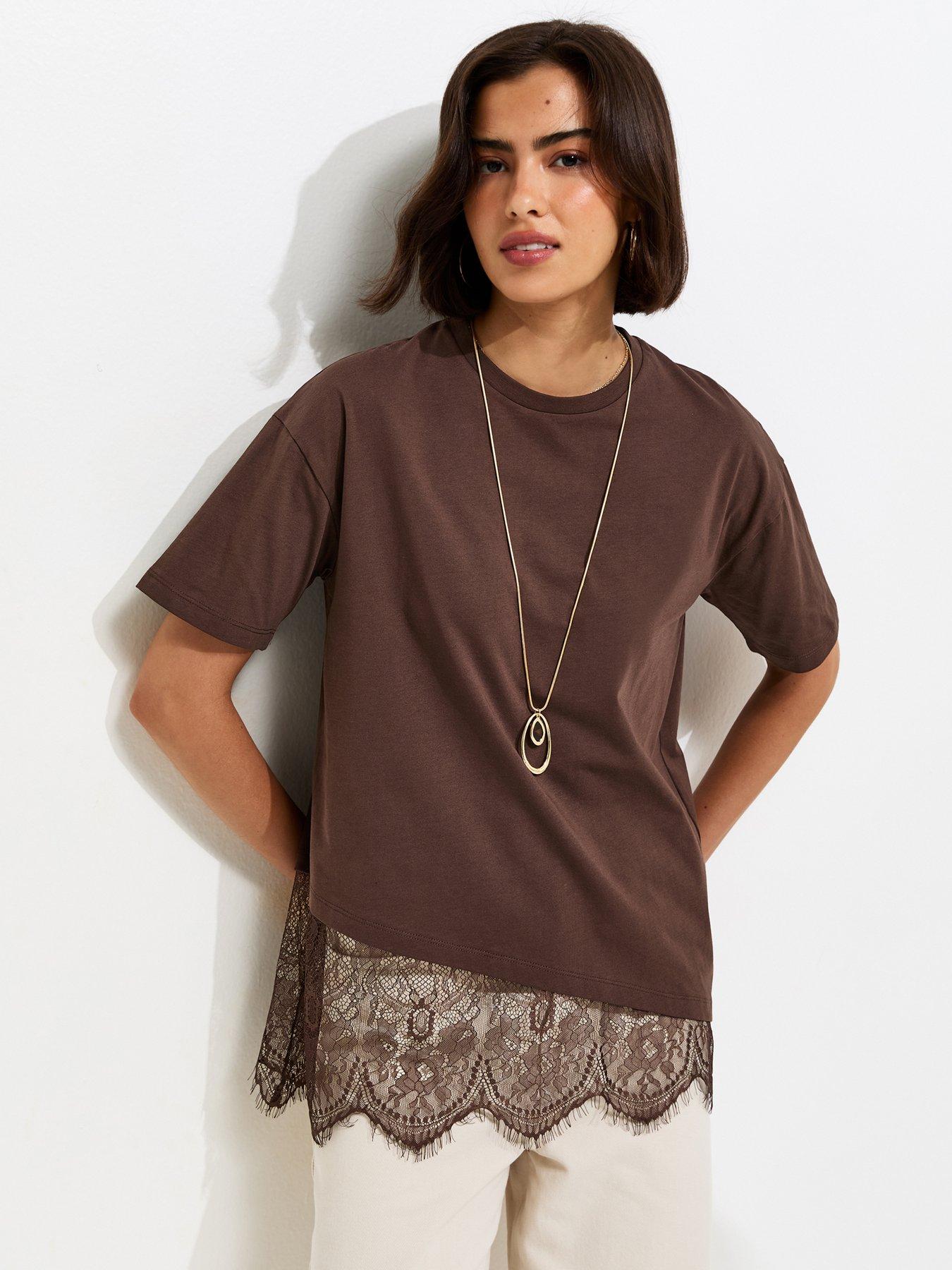 Image 1 of 5 of New Look Cotton Scalloped Lace T-Shirt - Dark Brown