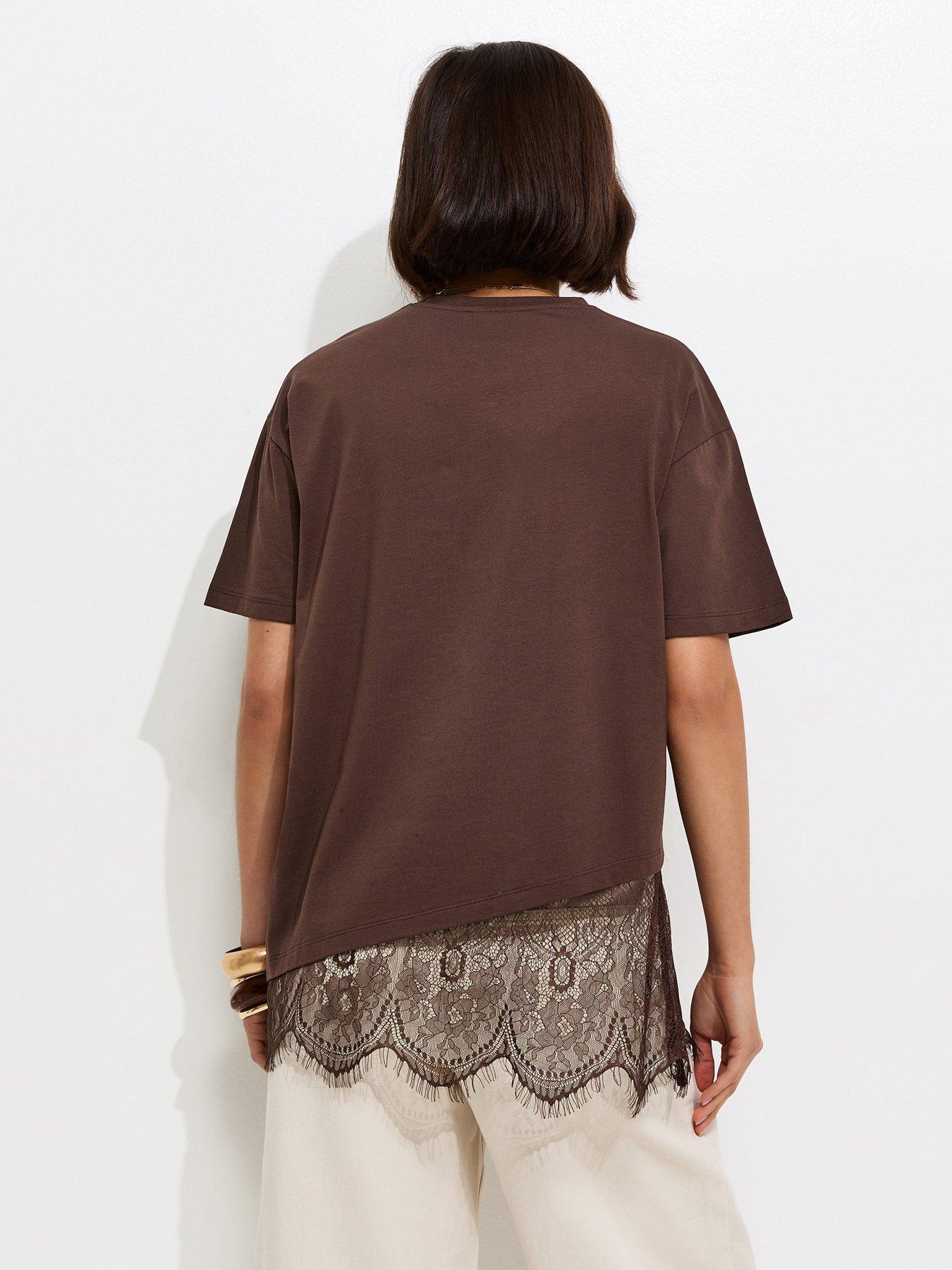 Image 2 of 5 of New Look Cotton Scalloped Lace T-Shirt - Dark Brown