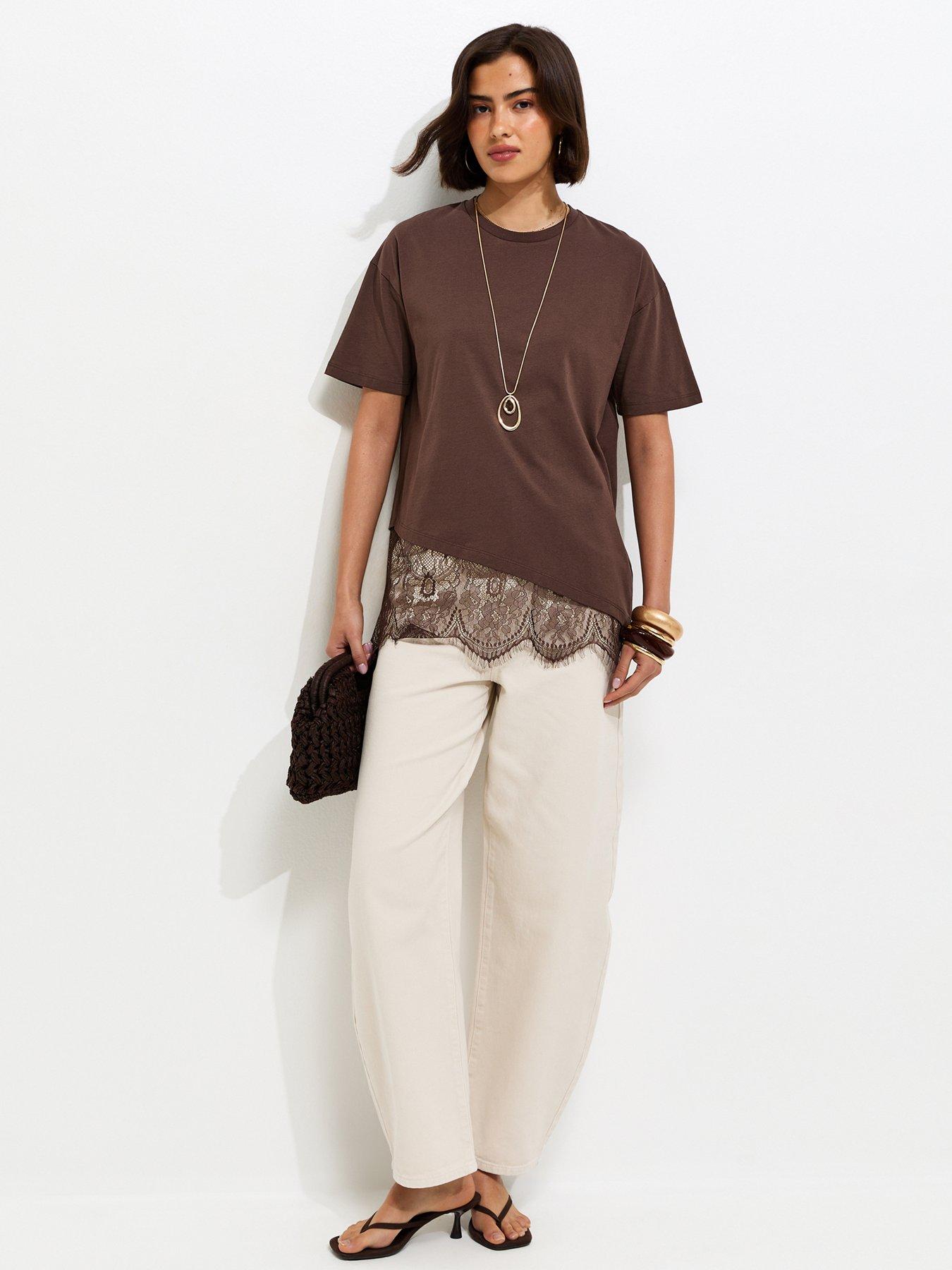 Image 3 of 5 of New Look Cotton Scalloped Lace T-Shirt - Dark Brown