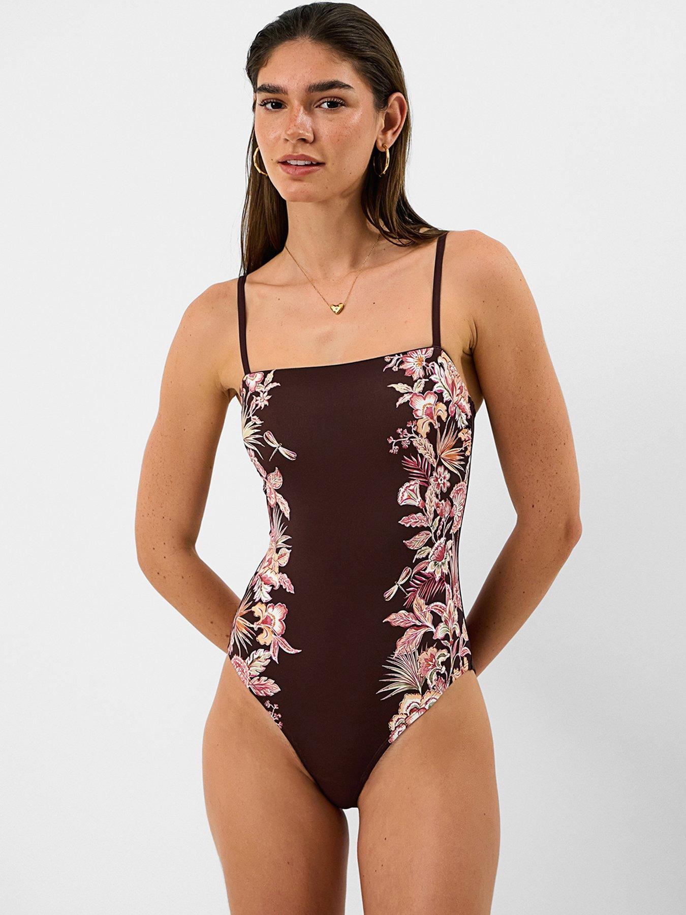 Image 1 of 5 of Accessorize Brown Placement Floral Swimsuit