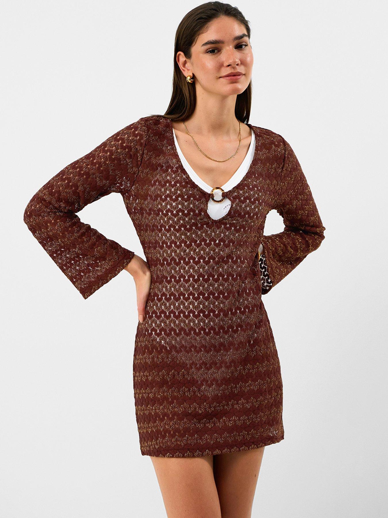 accessorizing a brown dress Accessorize Beach Bronze Shimmer Crochet Cover Up - and a curve fabric:Satin Floral Prints White Strapless Corset Mini Color:Lotus