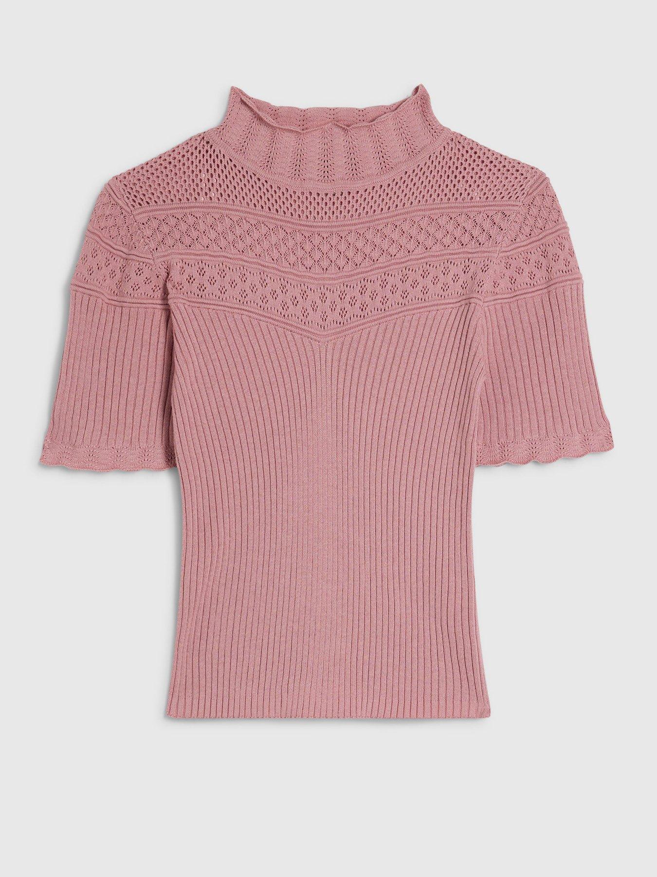 Image 5 of 6 of River Island Womens Pointelle Ribbed High Neck Stitch Blouse - Pink