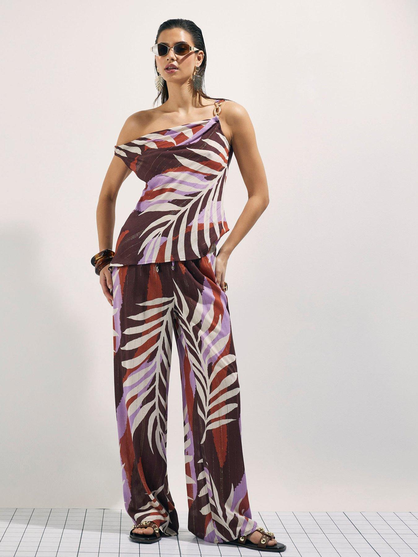 Image 1 of 4 of River Island Palm Print Top - Brown