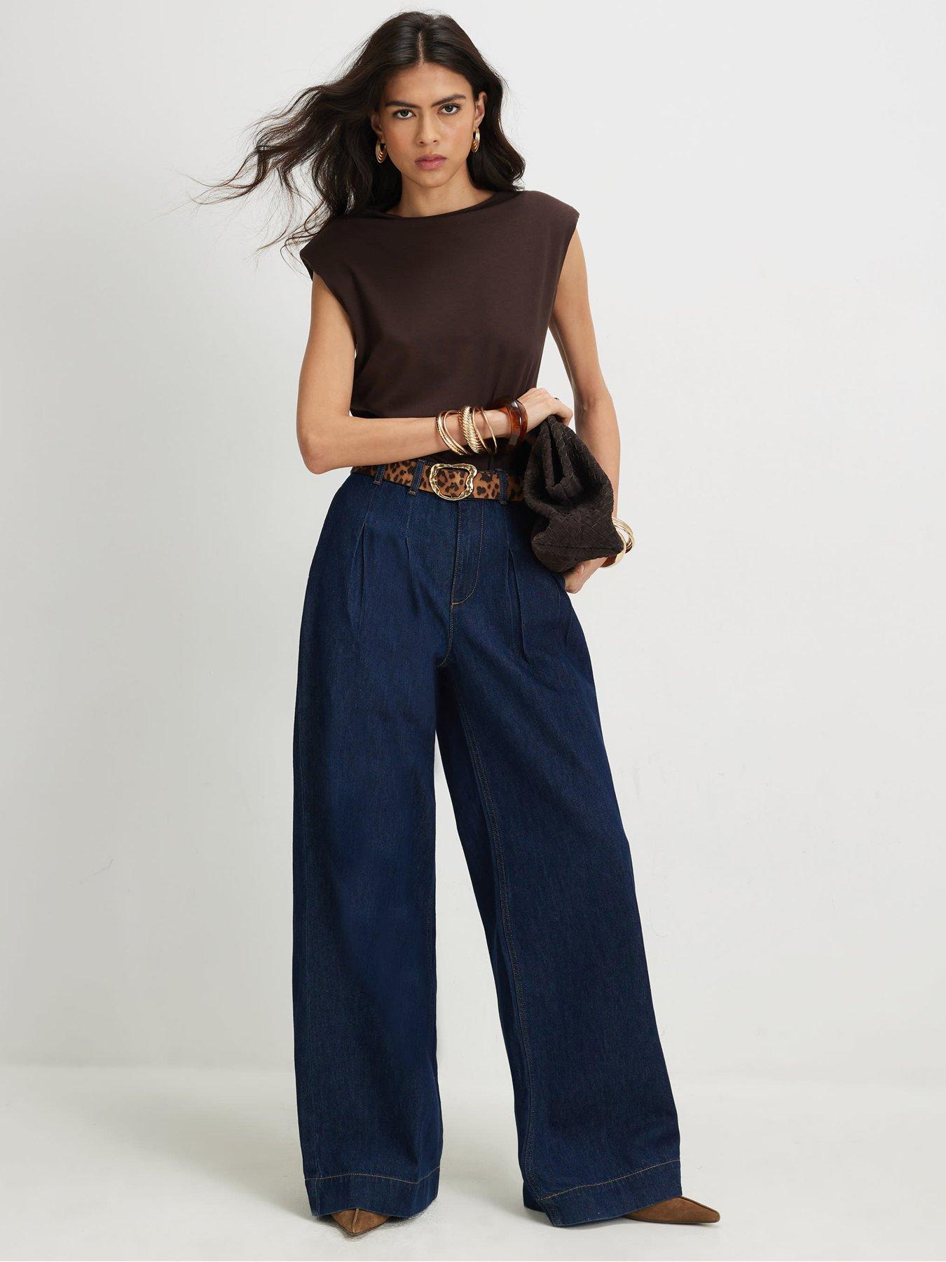 Image 1 of 6 of River Island Womens Nutmeg Pleat Belted Wide High Rise Wide Leg Jeans - Blue