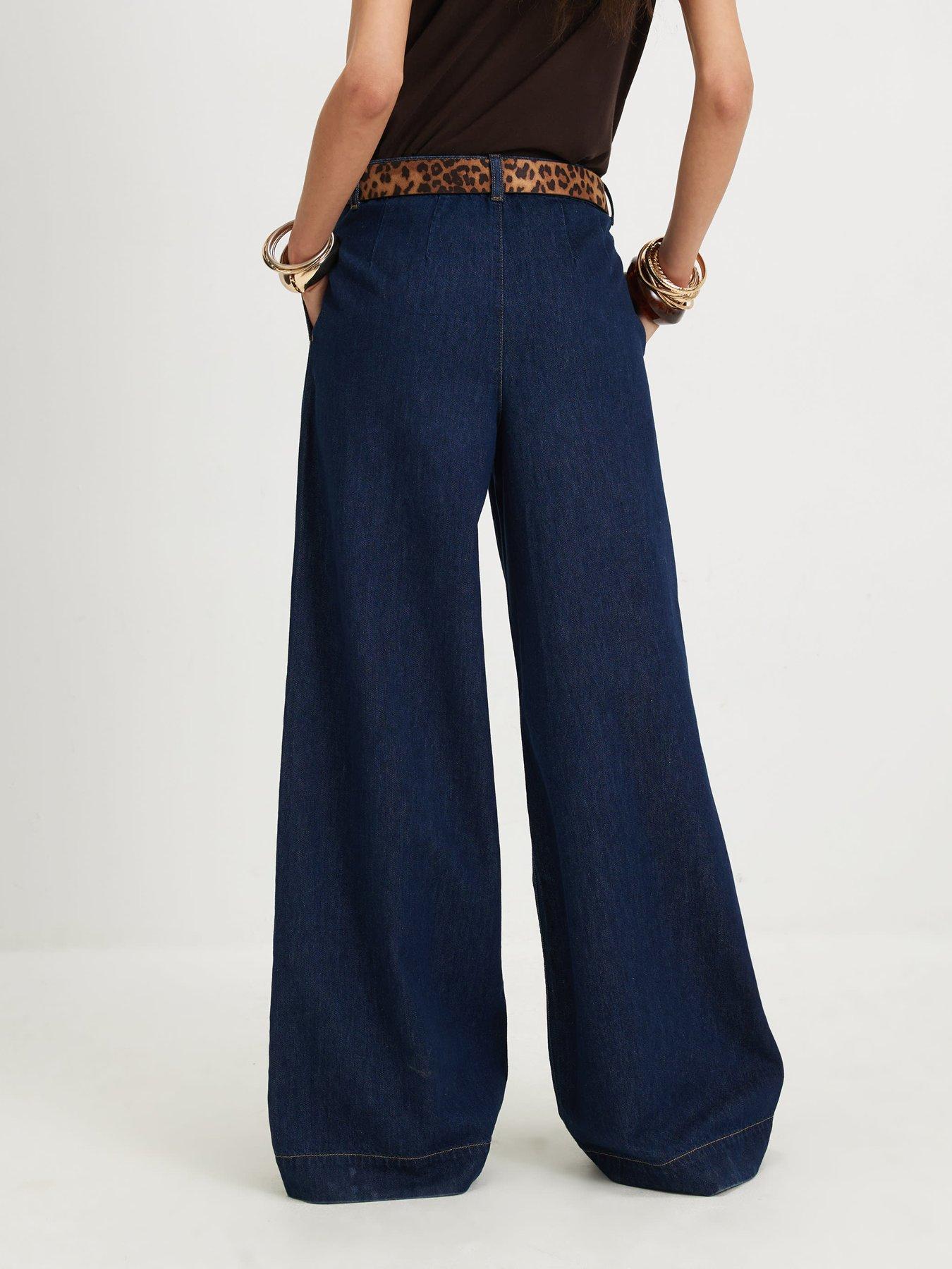 Image 2 of 6 of River Island Womens Nutmeg Pleat Belted Wide High Rise Wide Leg Jeans - Blue