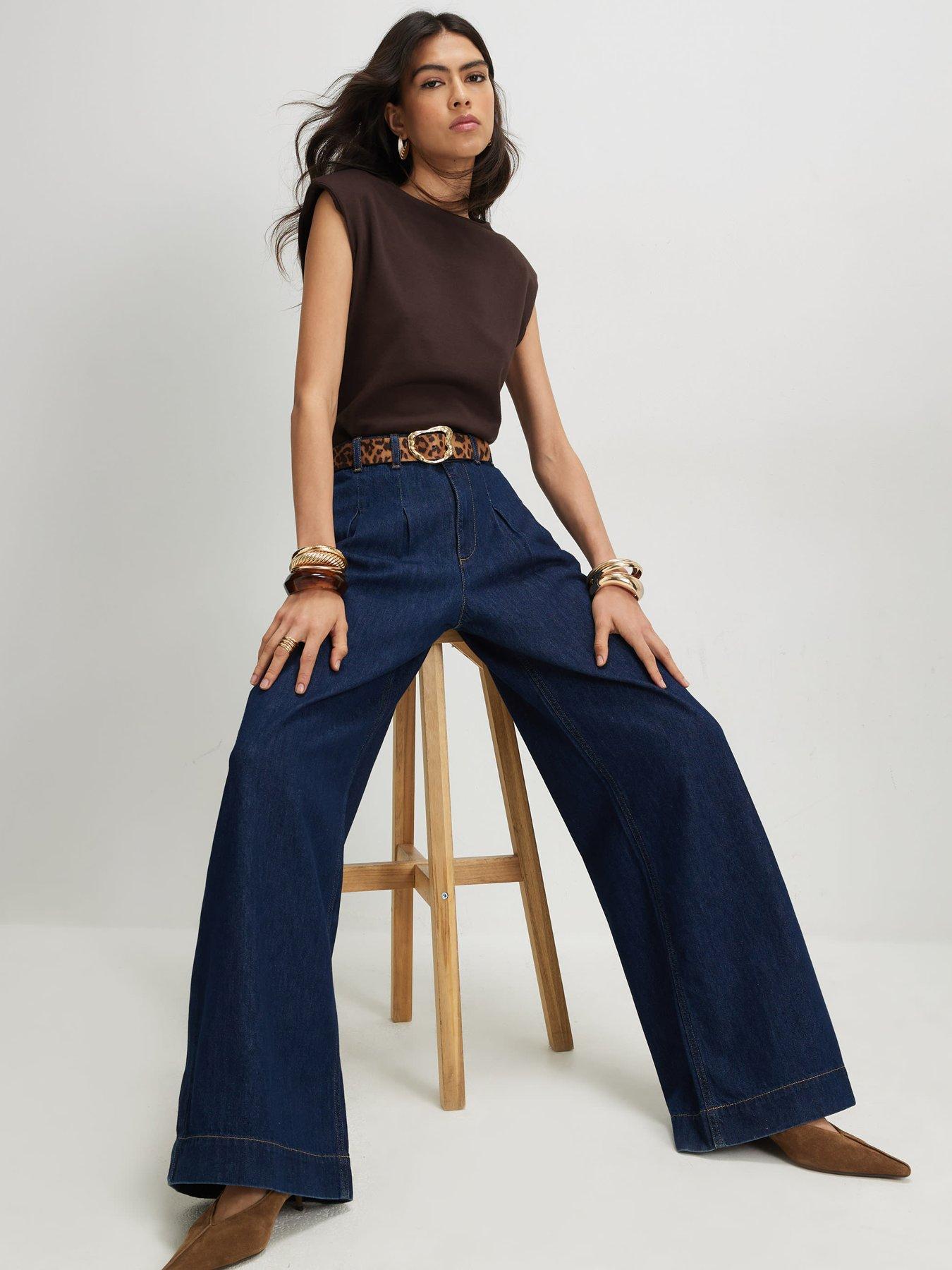 Image 3 of 6 of River Island Womens Nutmeg Pleat Belted Wide High Rise Wide Leg Jeans - Blue