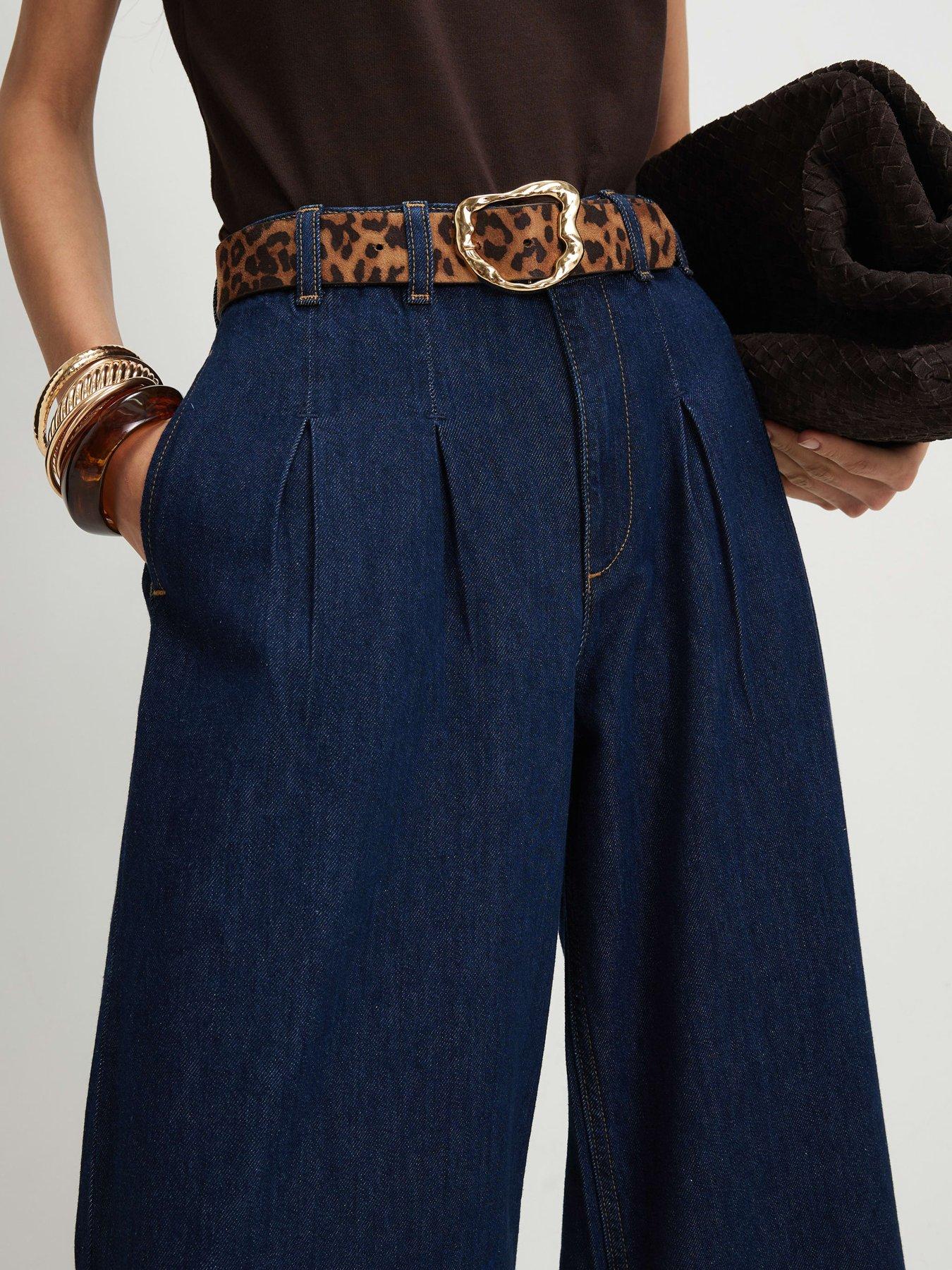 Image 4 of 6 of River Island Womens Nutmeg Pleat Belted Wide High Rise Wide Leg Jeans - Blue