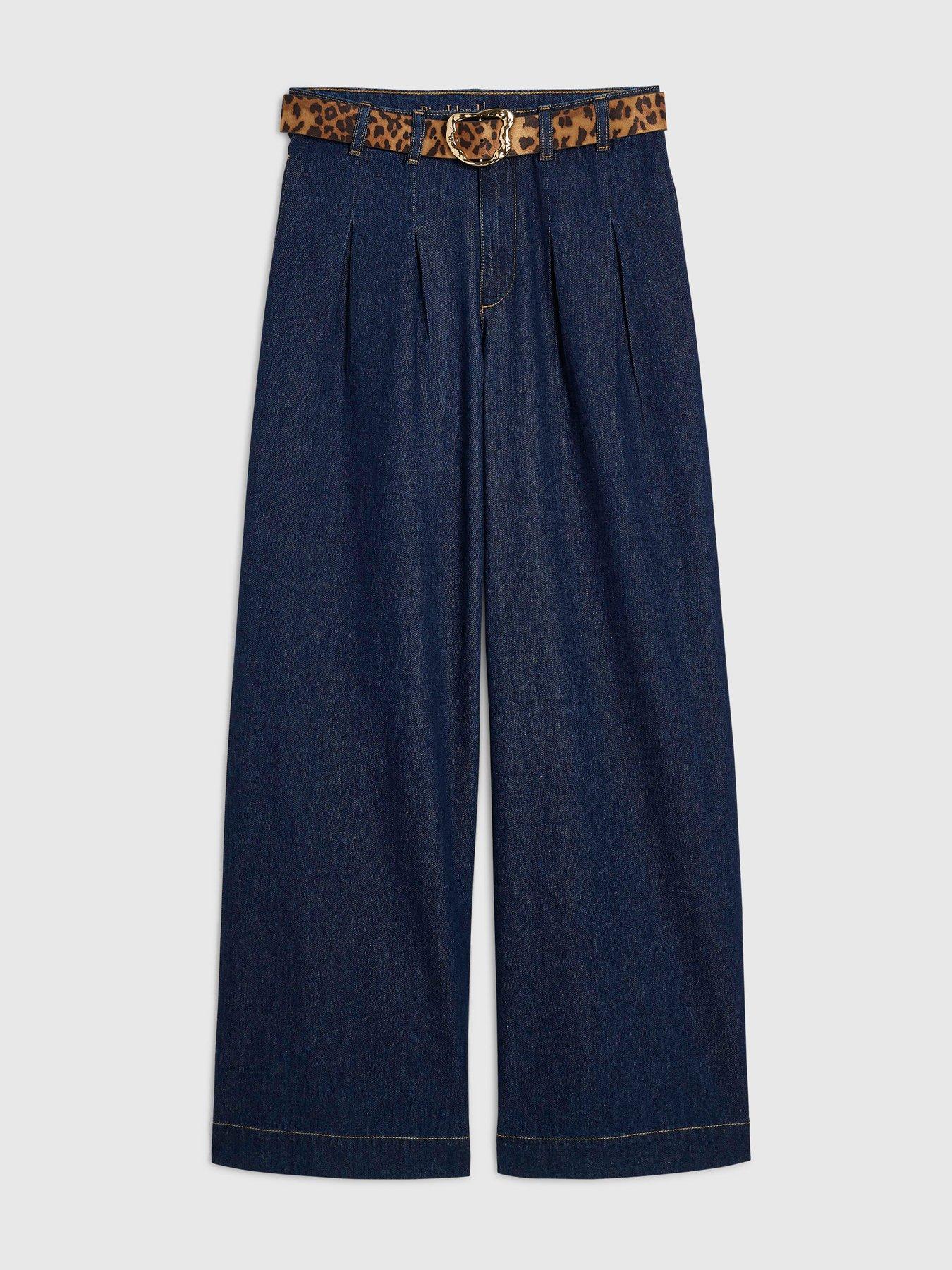 Image 6 of 6 of River Island Womens Nutmeg Pleat Belted Wide High Rise Wide Leg Jeans - Blue