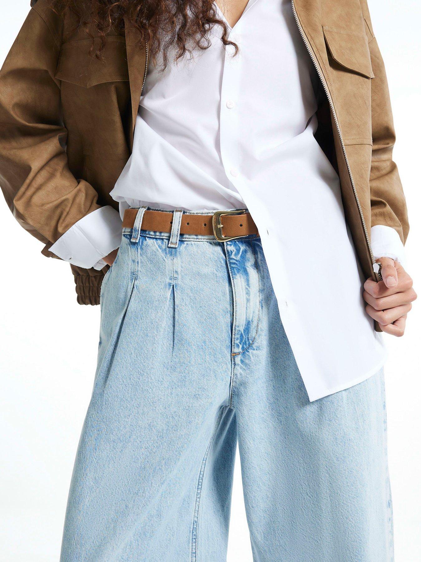 Image 4 of 6 of River Island Womens Chilli Pleat Belted Wide Leg Jeans - Blue