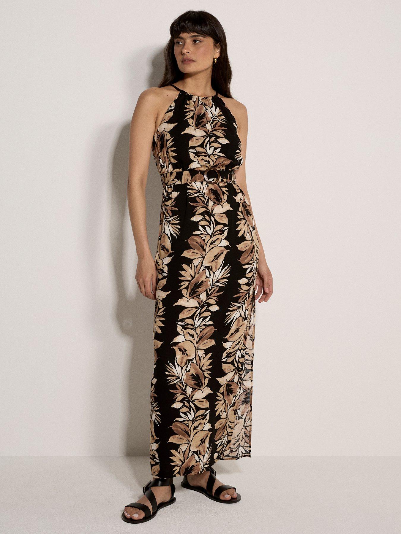 Apricot Maxi Halter Neck Stripe Leaf Drs