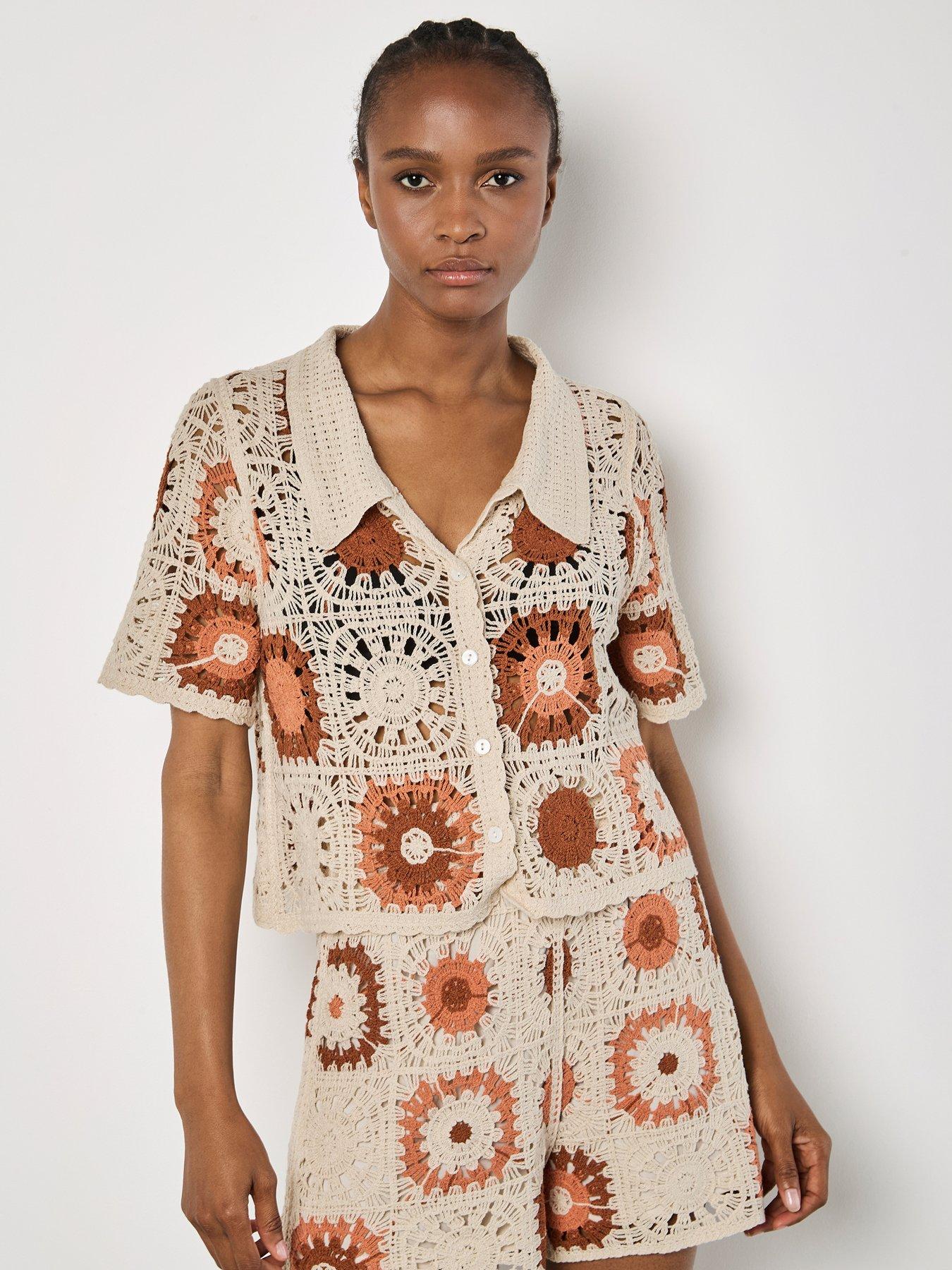 Apricot Crochet Squares Collar Button Thru Top - Cream