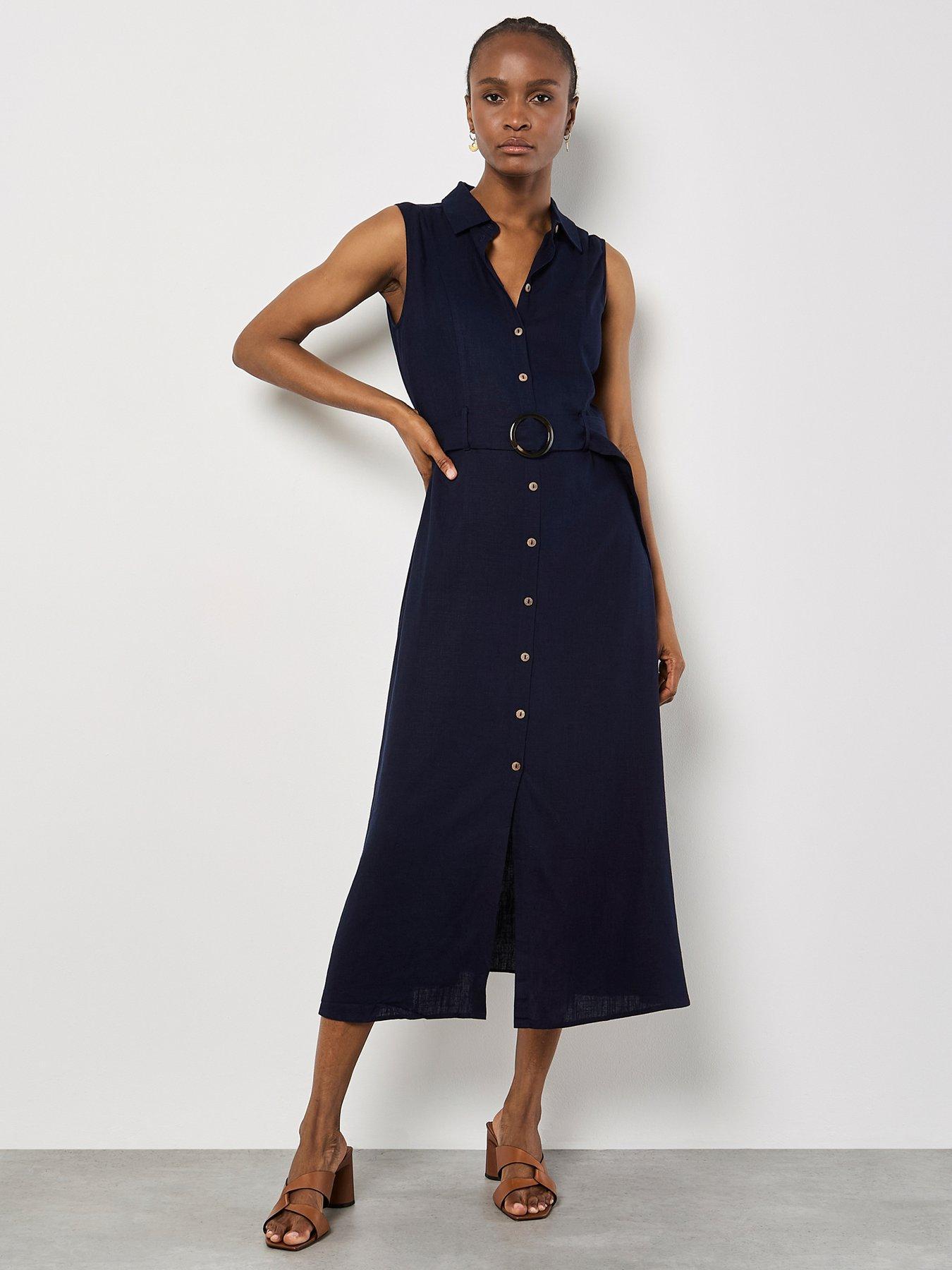 Apricot Sleeveless Belted Linen Mix Shirt Midi Dress - Blue