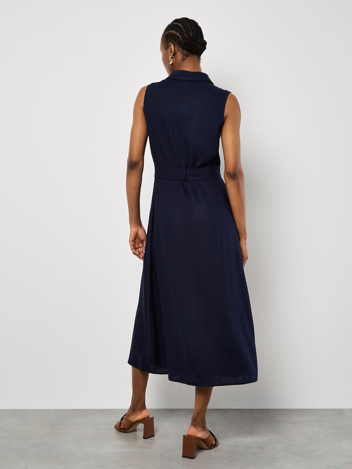 Image 2 of 4 of Apricot Sleeveless Belted Linen Mix Shirt Midi Dress - Blue