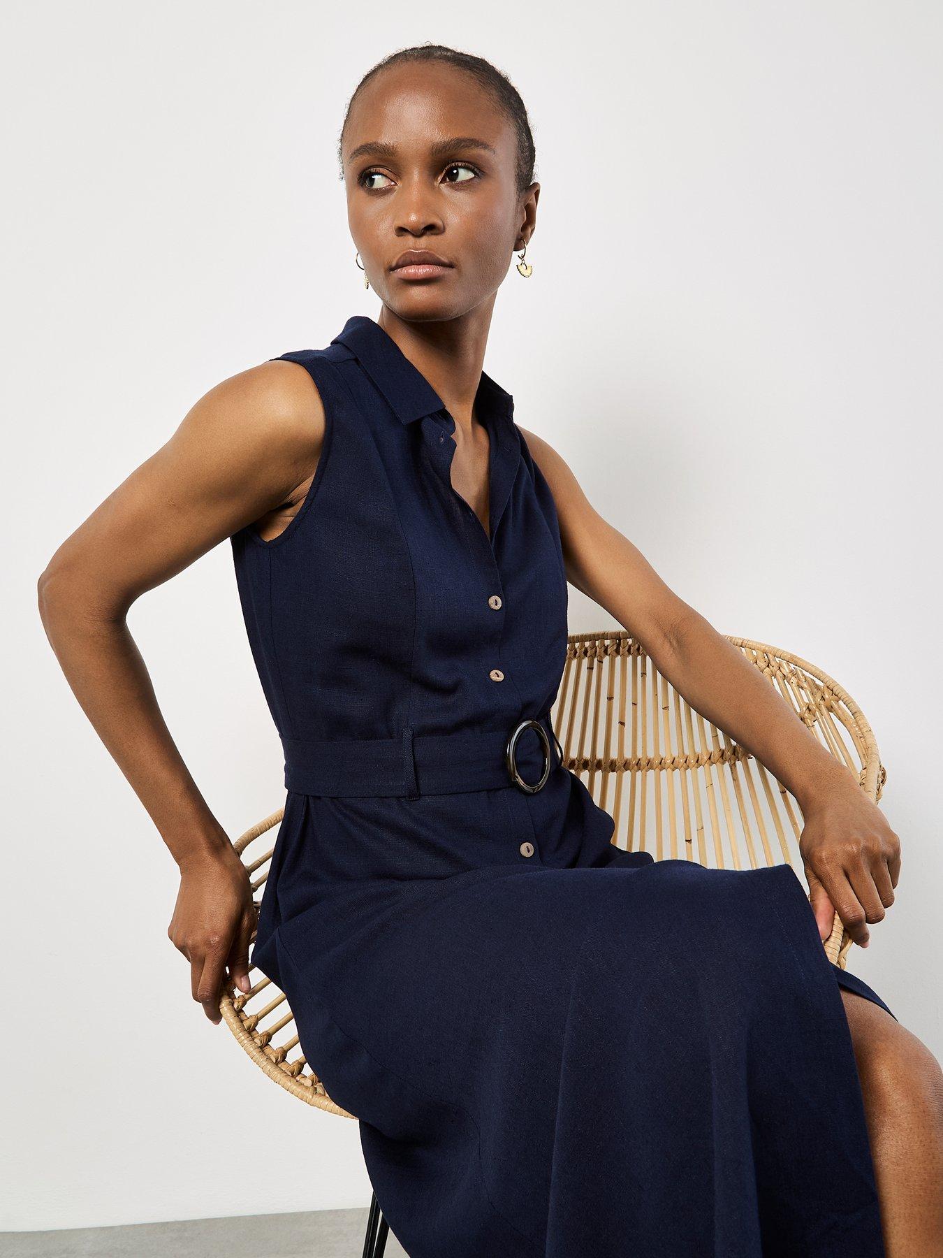 Image 3 of 4 of Apricot Sleeveless Belted Linen Mix Shirt Midi Dress - Blue