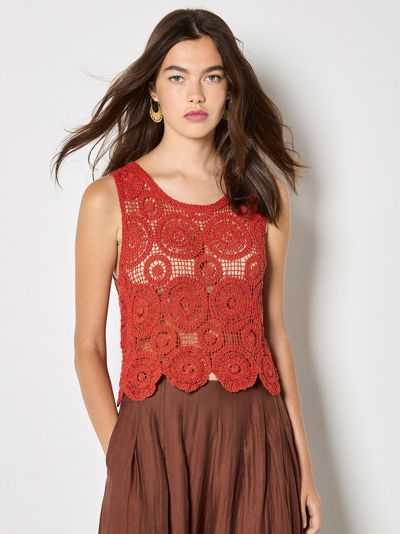 Apricot Circles Crochet Shell Top - Orange