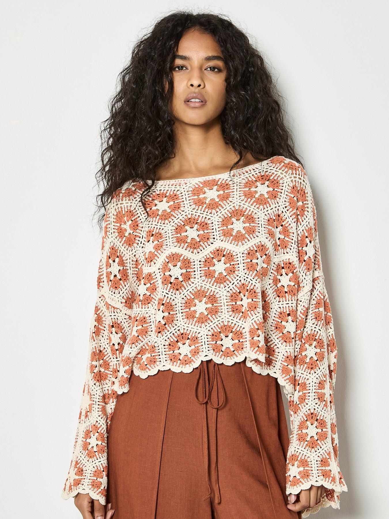 Apricot Crochet Hexagons Bell Sleeve Top, Orange, Size M, Women