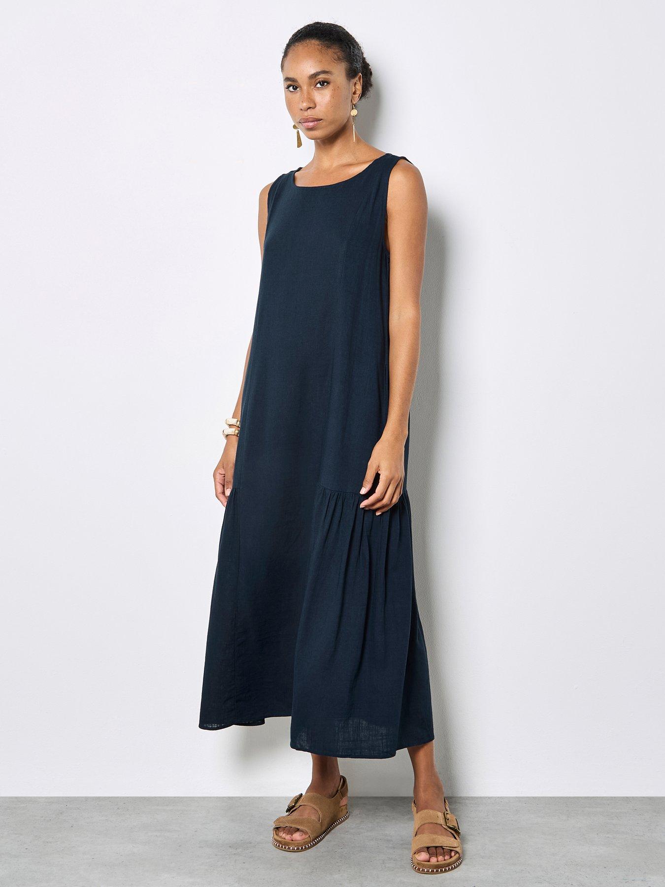 Apricot Linen Mix Pleat Detail Trapeze Midi Dress - Blue
