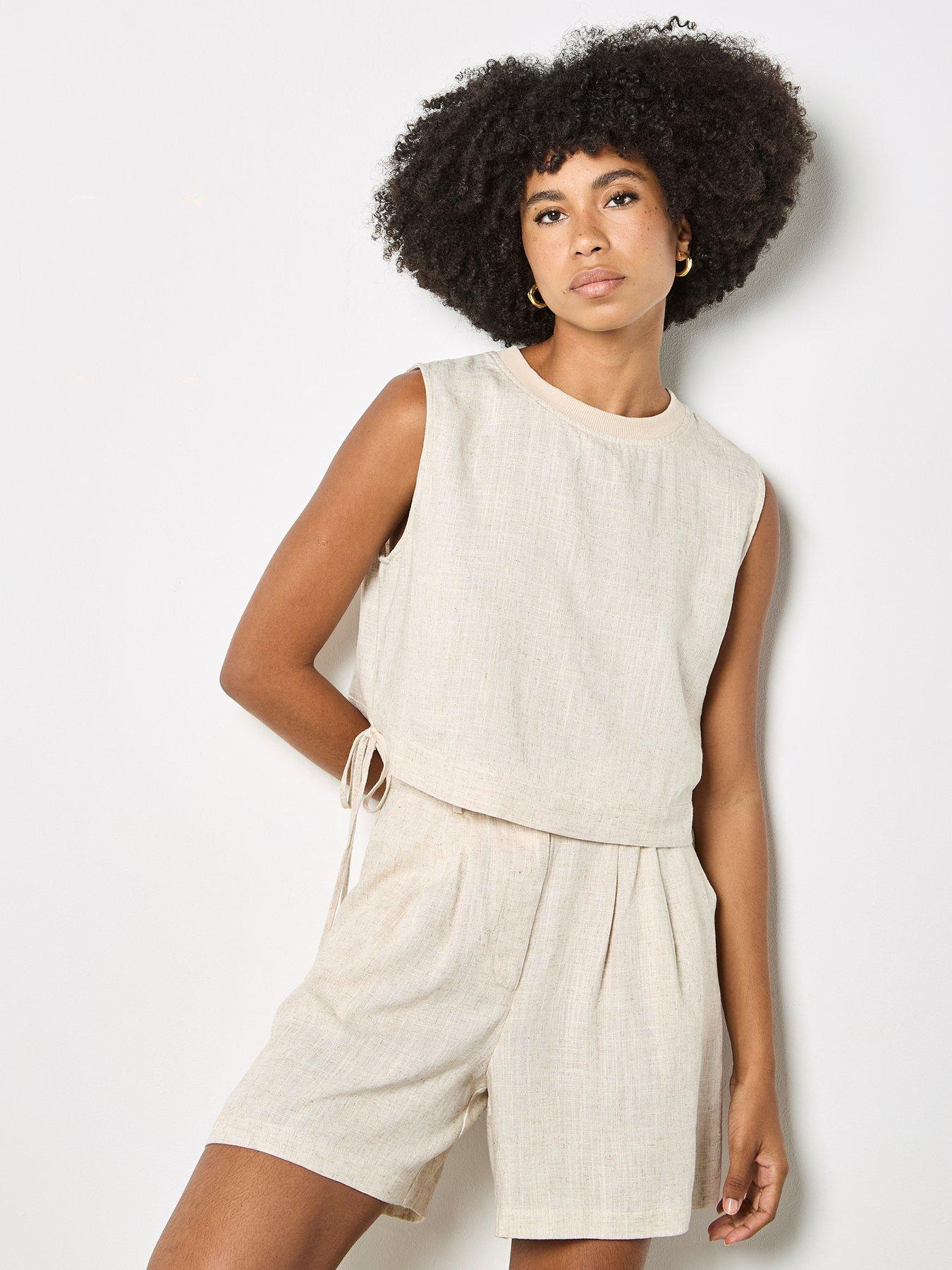 Apricot Ribbed Neck Side Tie Shell Top, Cream, Size S, Women