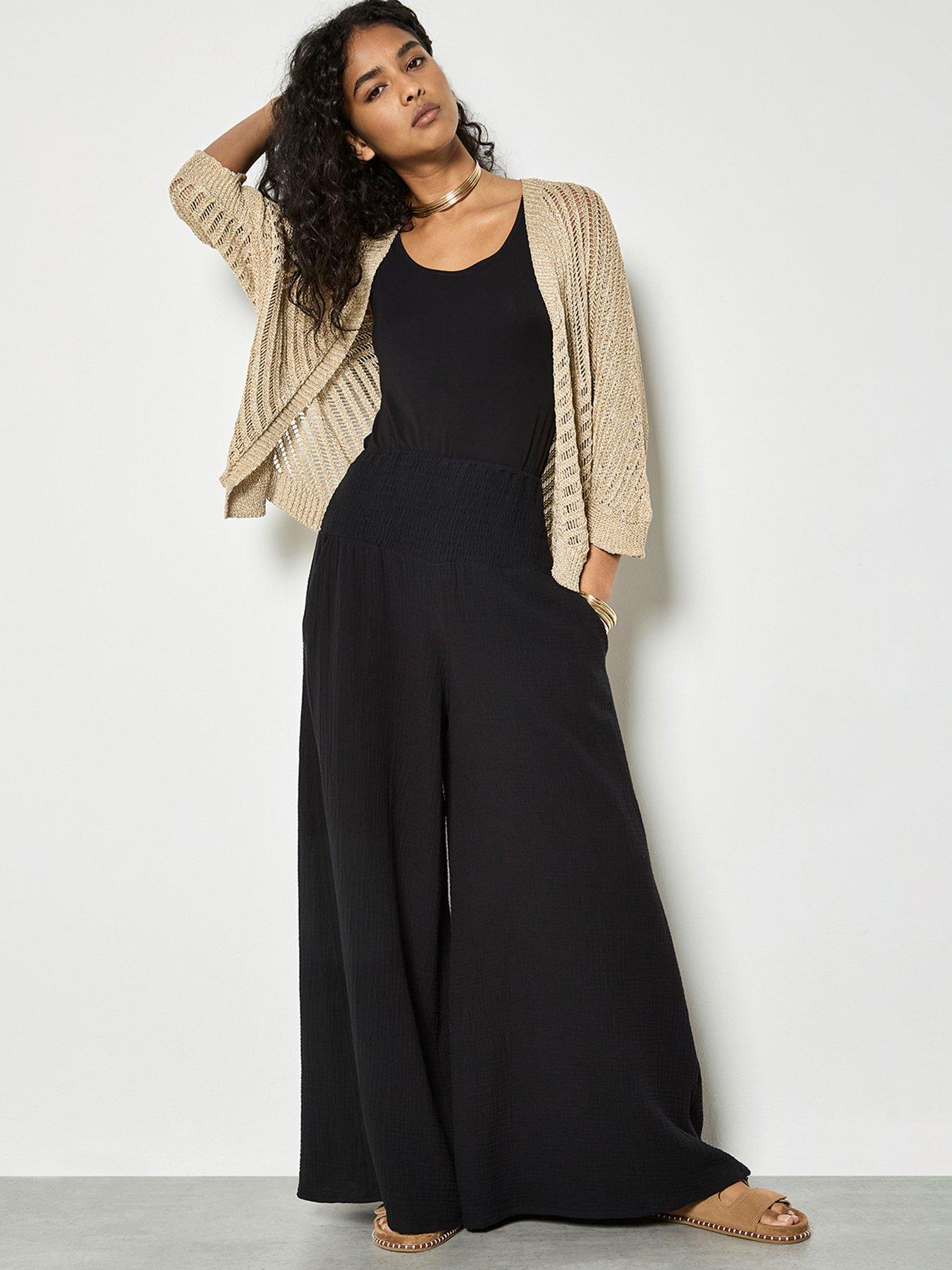 Apricot Double Weave Cotton Wide Leg Trouser - Black
