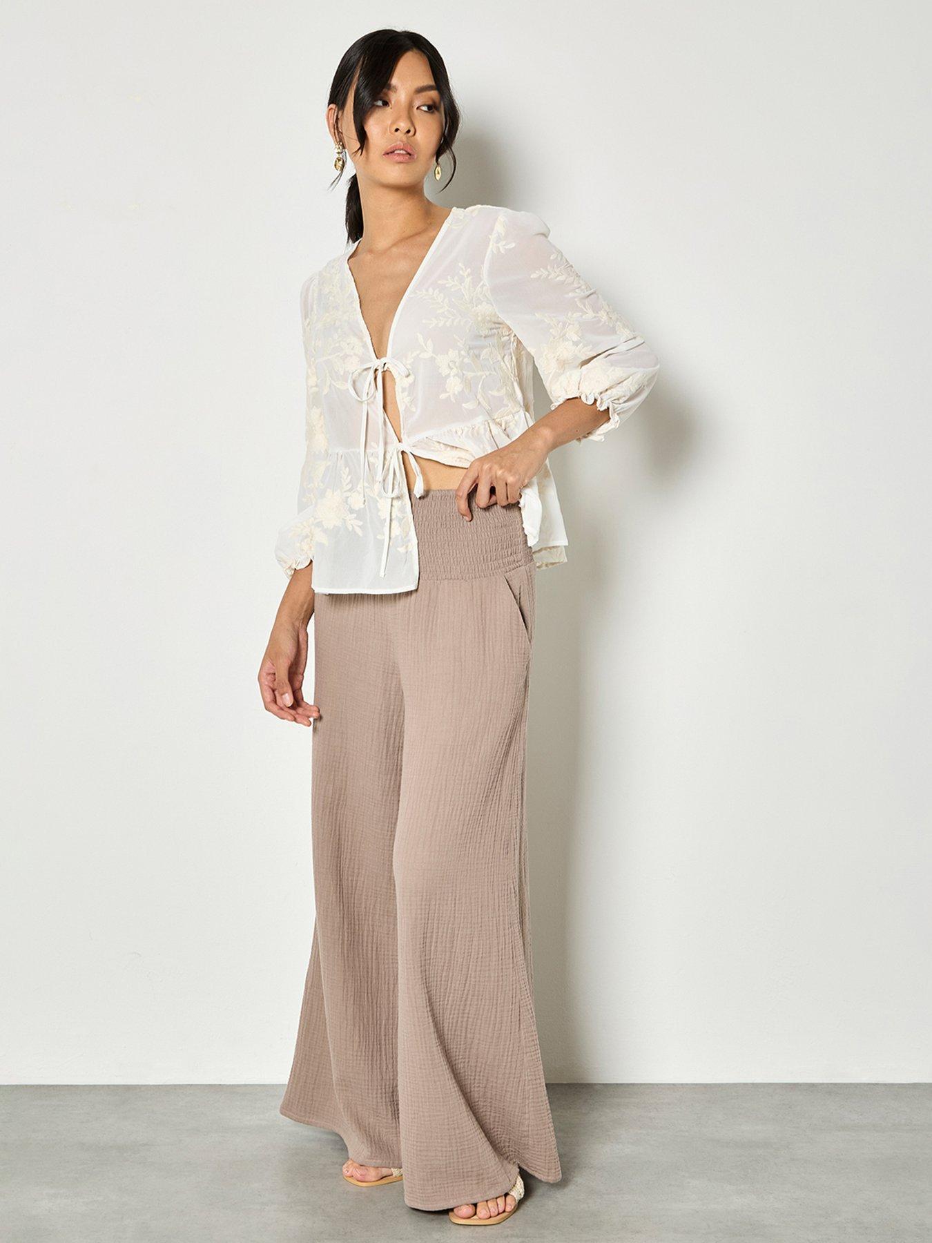 Apricot Double Weave Cotton Wide Leg Trouser