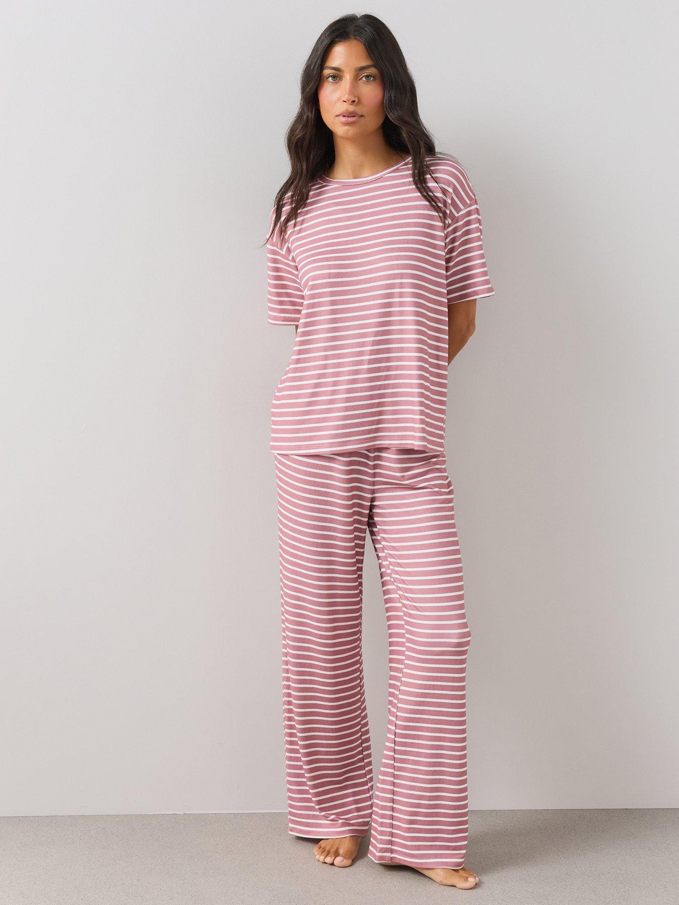 Image 1 of 6 of The Very Collection Soft Touch Rib Striped Pyjama Set - Pink/White
