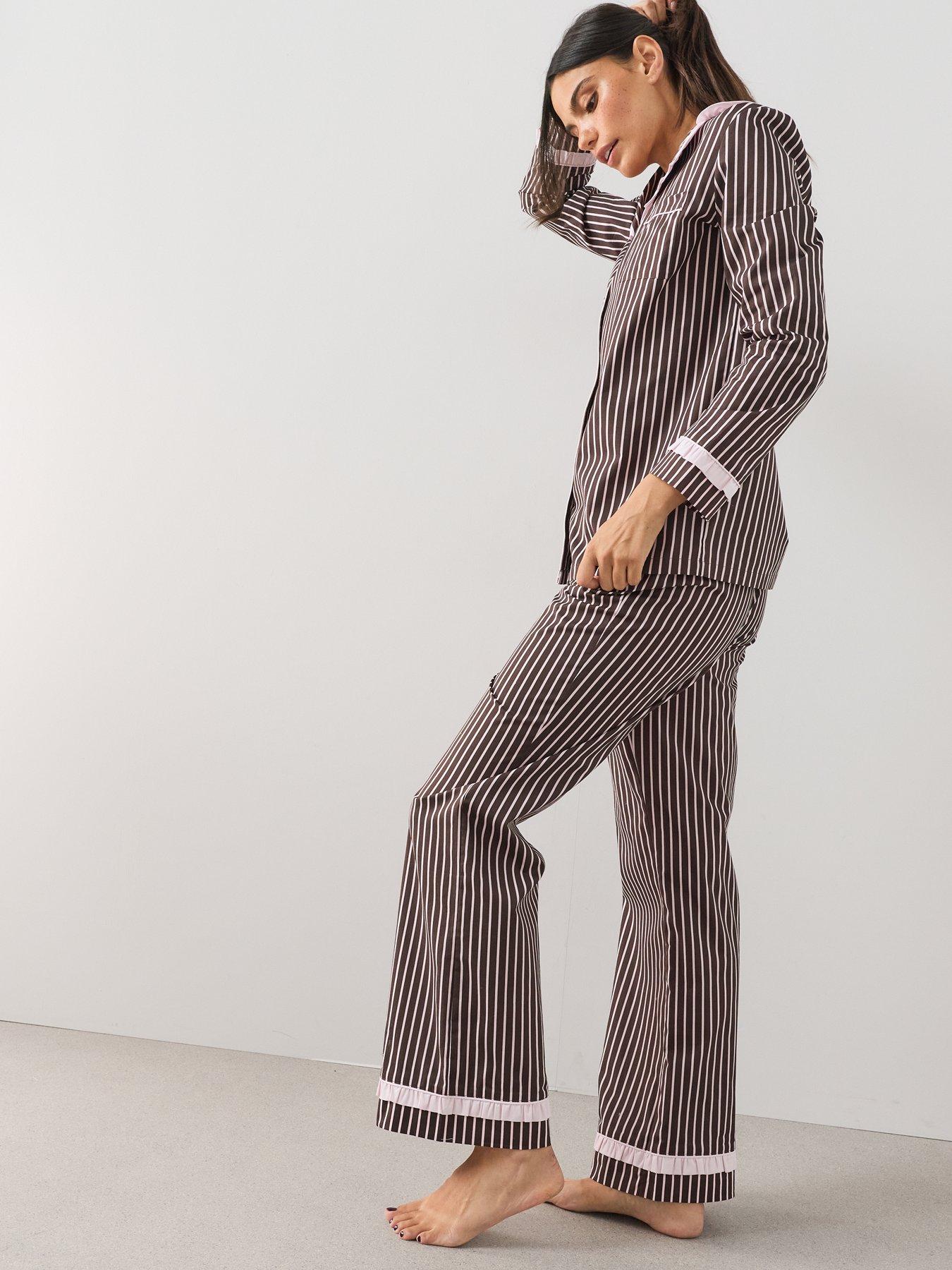 Image 3 of 6 of The Very Collection Pure Cotton Revere Striped Pyjama Set - Brown