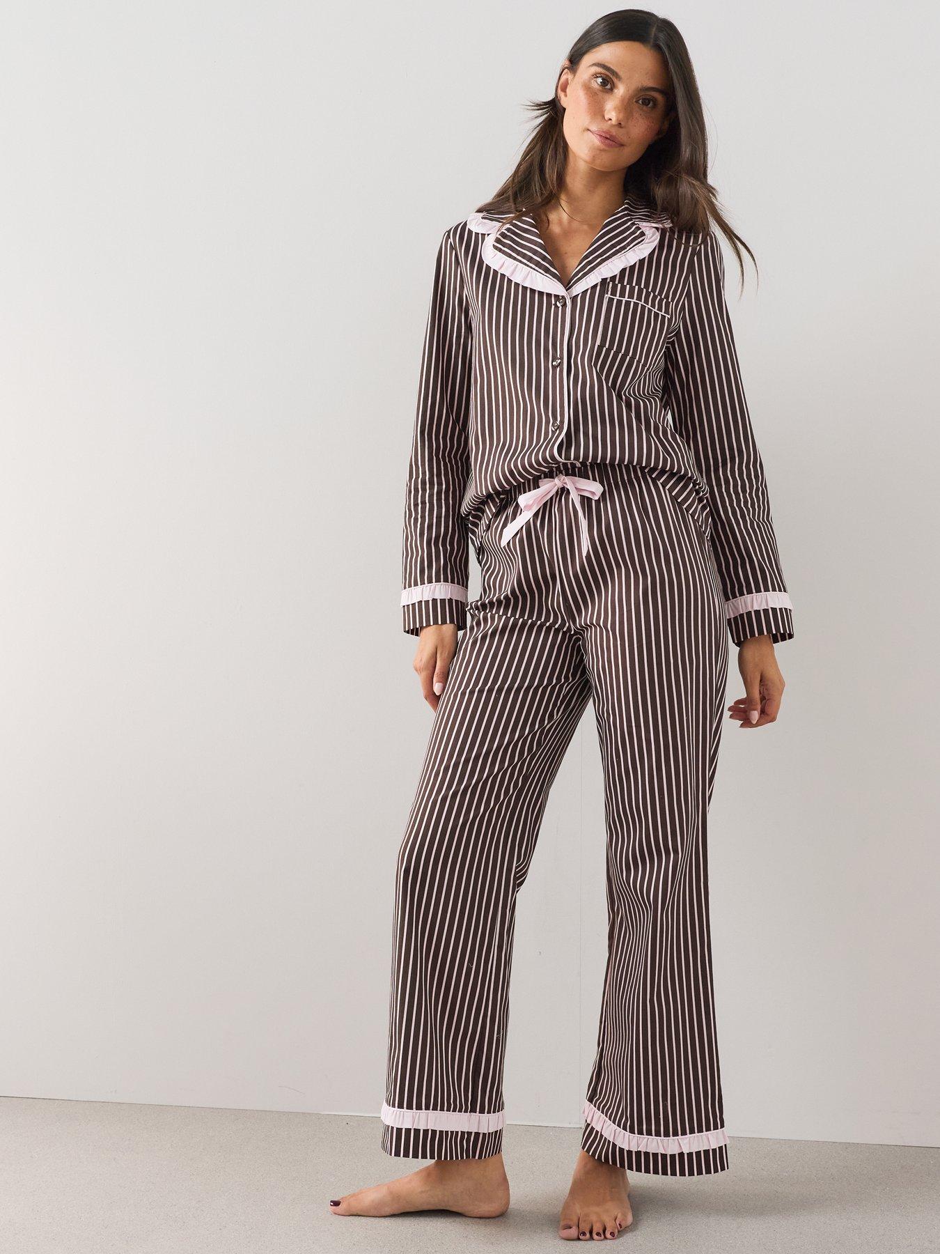 Image 6 of 6 of The Very Collection Pure Cotton Revere Striped Pyjama Set - Brown