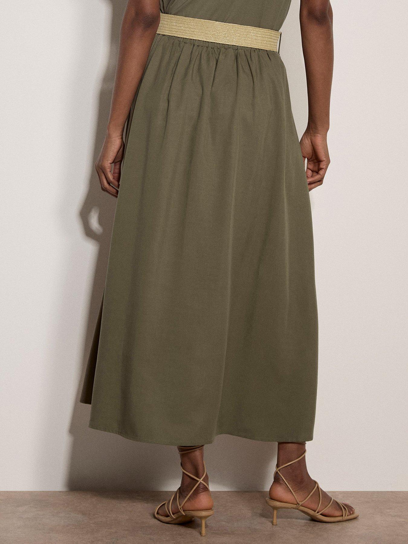 Apricot Boho Slub Belted Midi Skirt, Green, Size M, Women