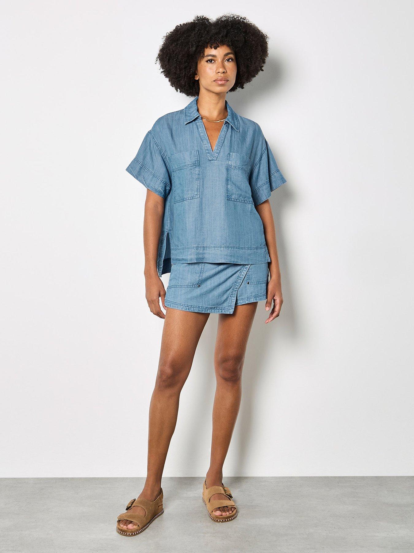 Image 3 of 6 of Apricot Slub Open Neck Denim Shirt